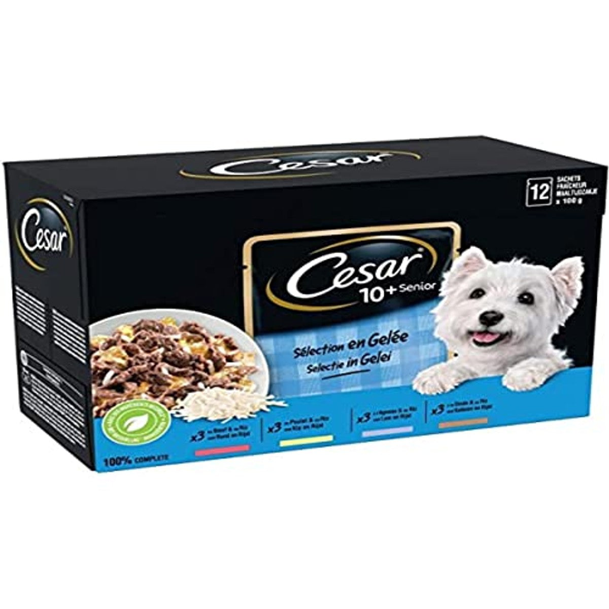 CESAR Maaltijd voor oudere honden, 48 vershoudzakken (4 verpakkingen van 12 x 100 g), natvoer voor honden in gelei, rundvlees, kip, lam, kalkoen, volledige voeding en evenwichtige voeding met – Cesar