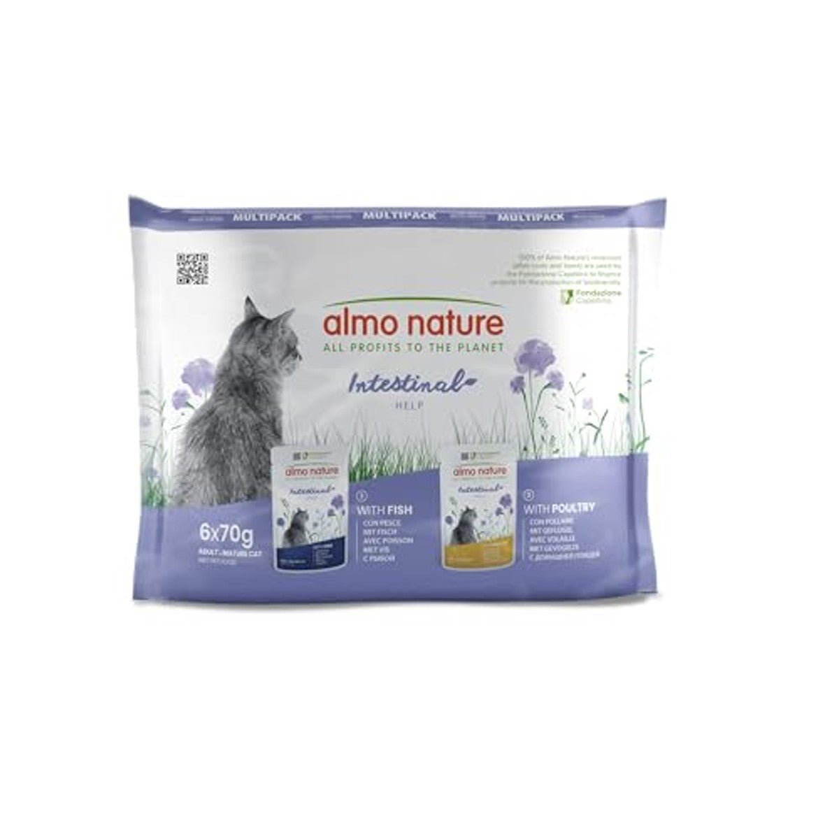 Almo Nature Functioneel - Intestinal Help - Vochtvoeding voor volwassen katten met gevoelige darm - met vis en gevogelte - Ondersteuning van het microbioom - 70 g (6 stuks) – almo nature