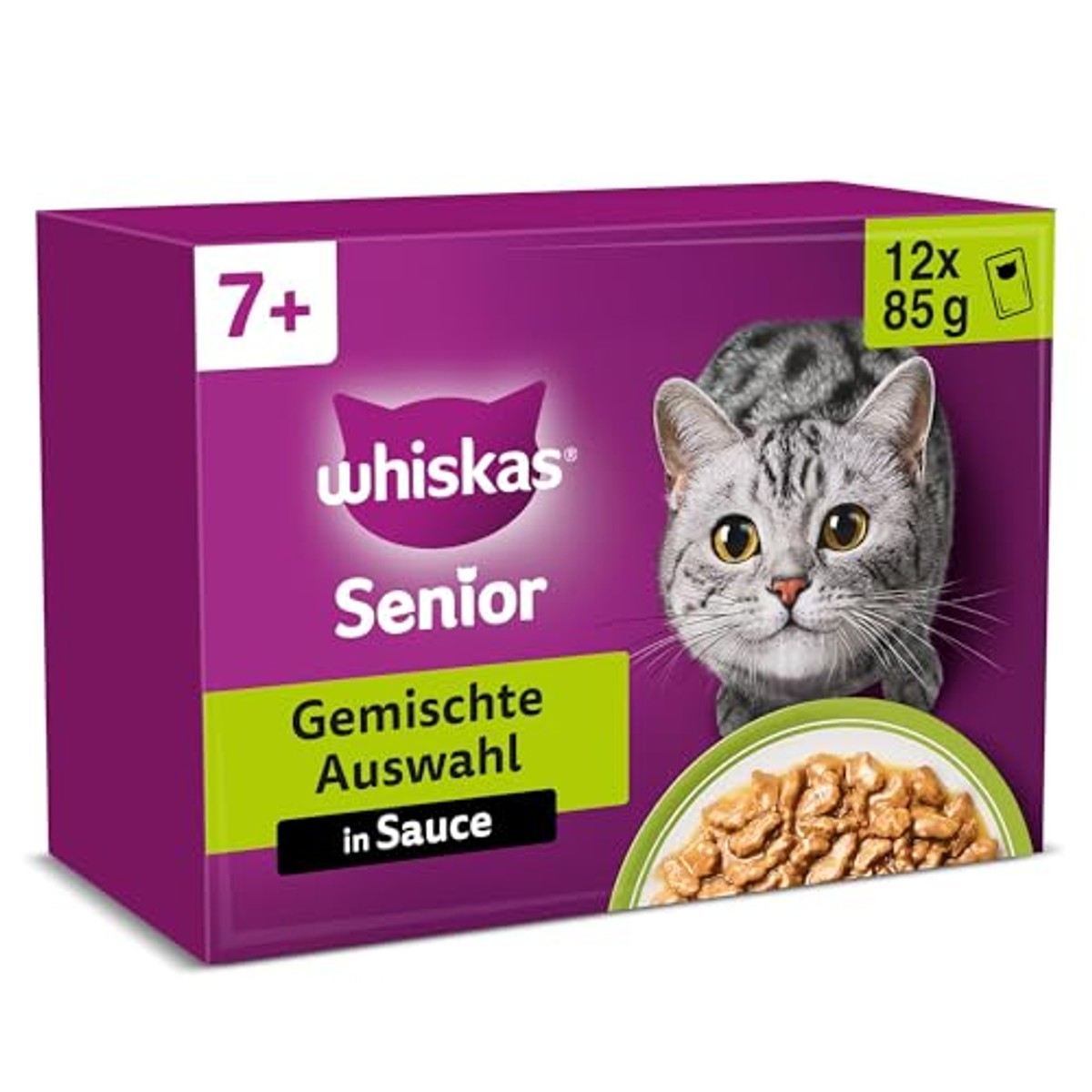 Whiskas Senior 7+ natvoer voor katten, gemengde keuze in saus, 48 portiezakken, 12 x 85 g (verpakking van 4 stuks), hoogwaardig nat kattenvoer, voor katten vanaf 7 jaar en ouder – whiskas
