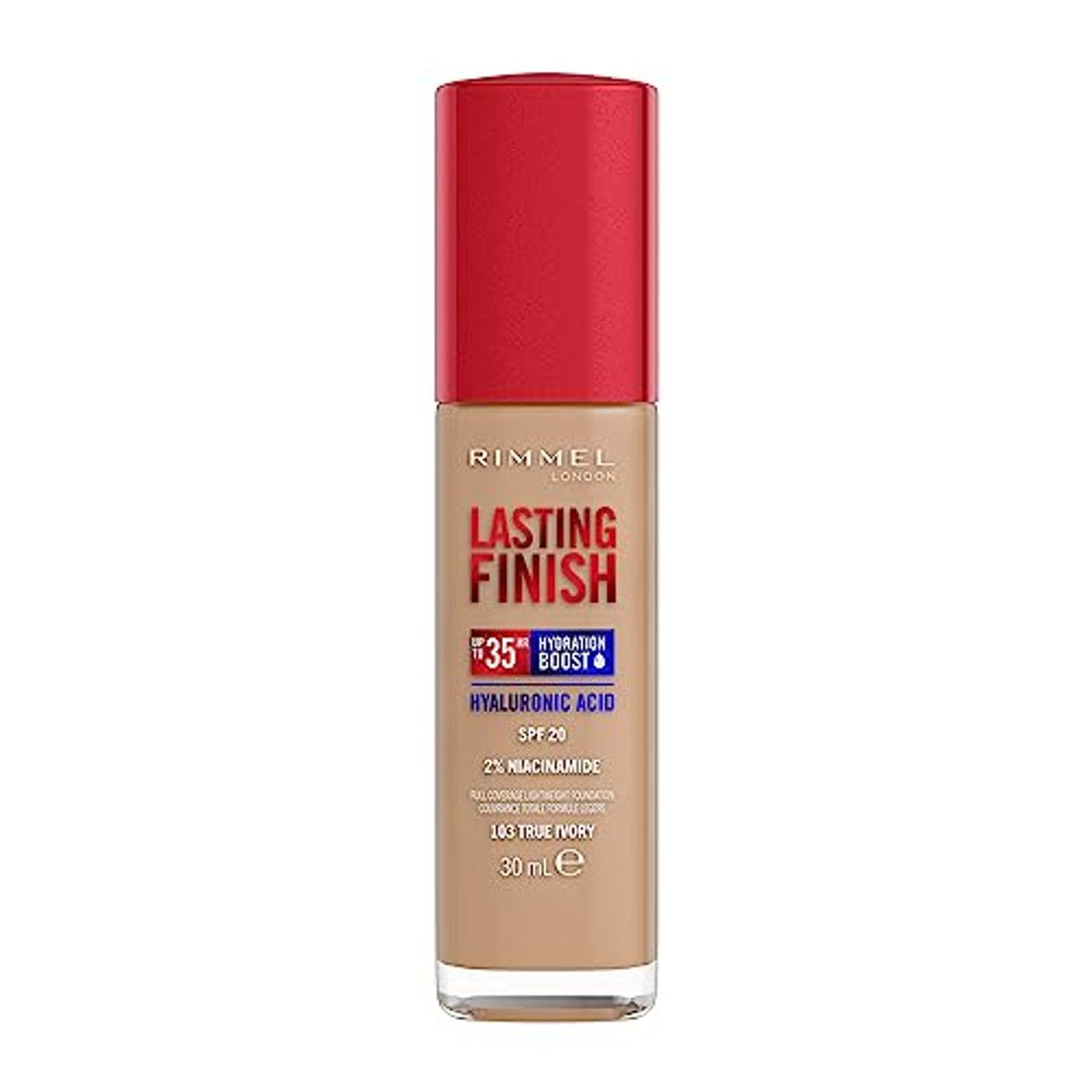 Rimmel London Lasting Finish tot 35 uur, 103 True Ivory, foundation, langdurig, hydraterend, veganistische formule, volledige dekking, 30 ml – Rimmel London