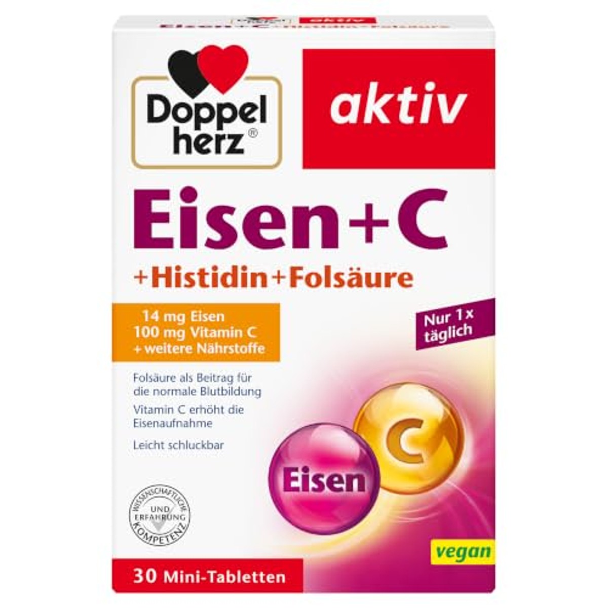 Doppelherz IJzer + C + Histidine + Foliumzuur 30 Mini-tabletten - 3-pack