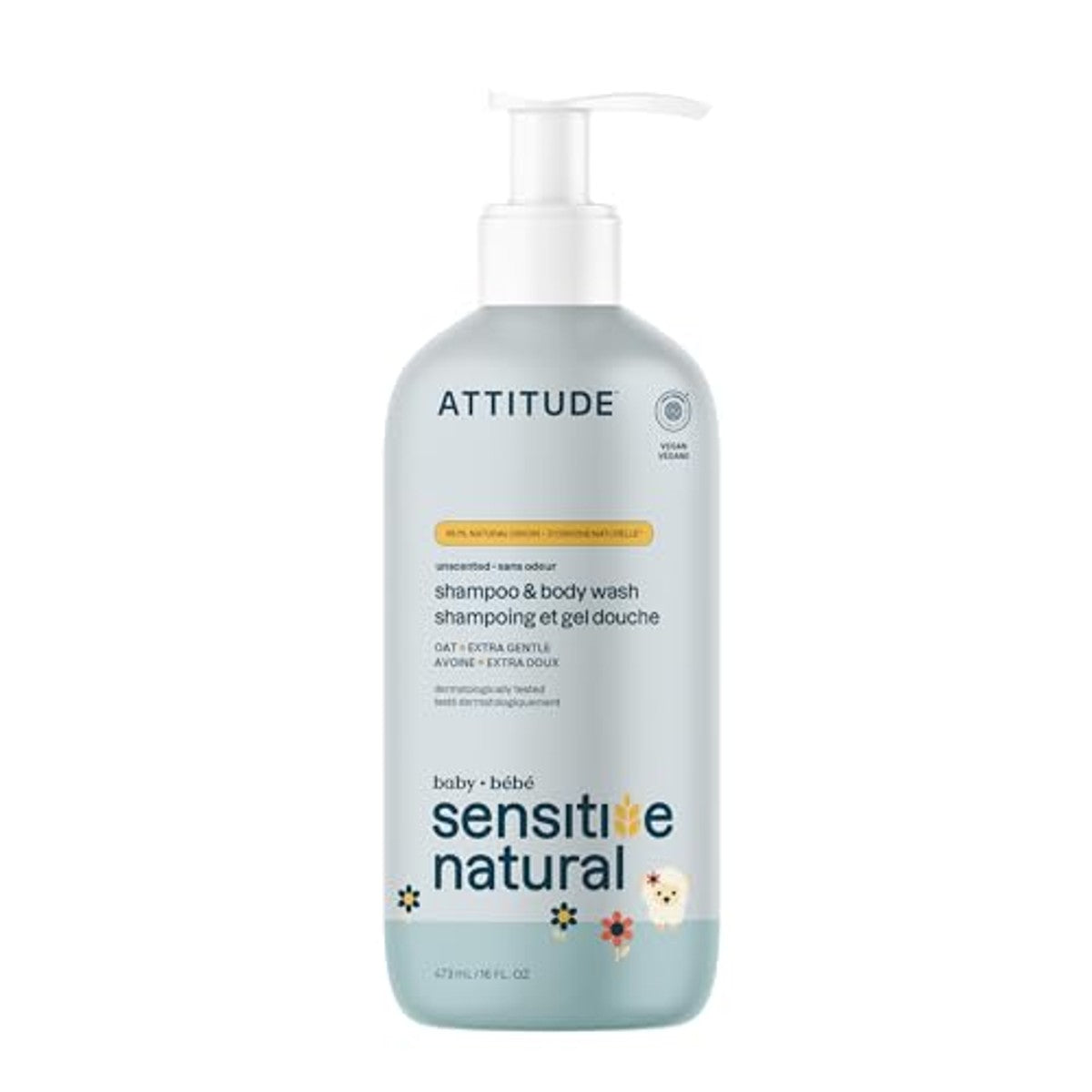 ATTITUDE Shampoo en body wash voor baby met gevoelige huid, EEG-getest, plantaardige en minerale ingrediënten, veganistisch, verrijkt met havermout, ongeparfumeerd, 473 ml – ATTITUDE