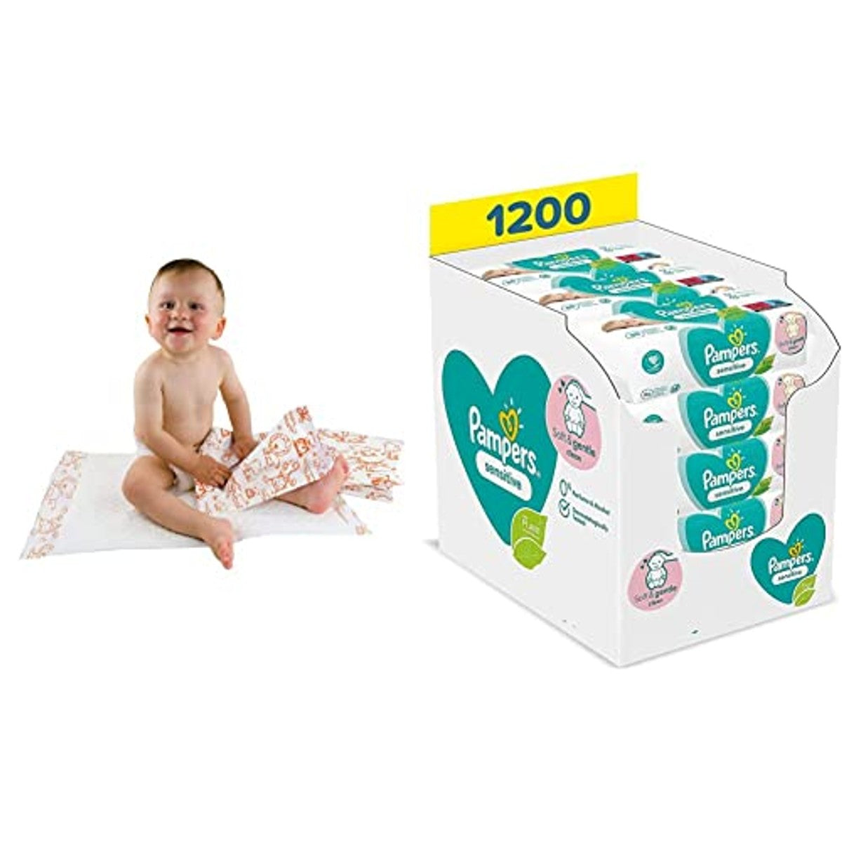Teqler Babyaankleedonderlegger 40 x 60 cm 50 stuks & Pampers Sensitive 1200 doekjes – Pampers