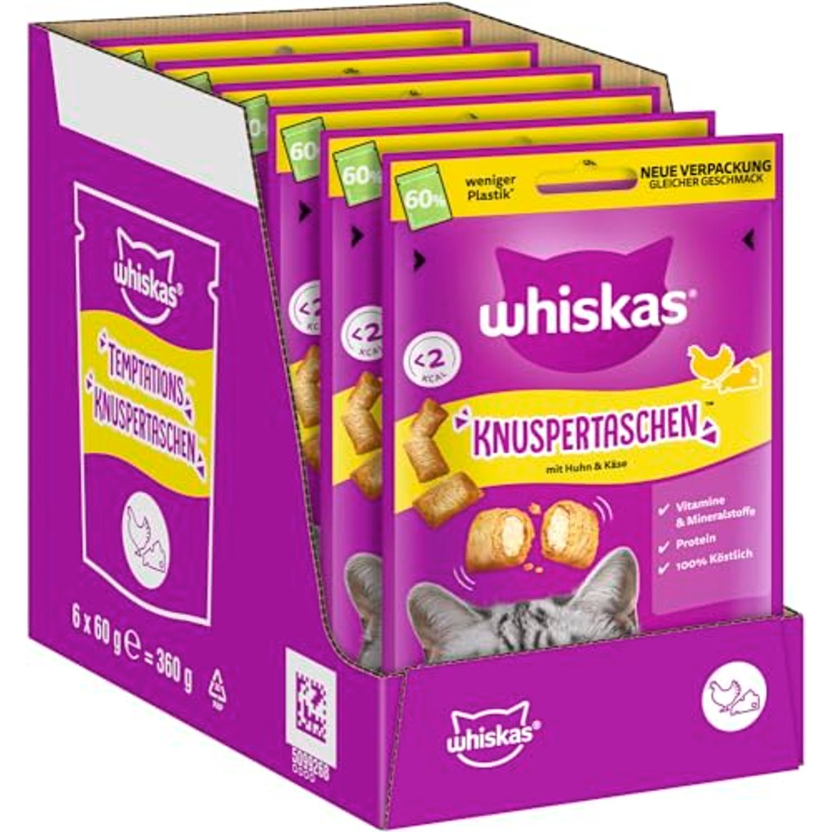 Whiskas Knusperbags kattensnack kip en kaas 6 x 60 g - 3-pack