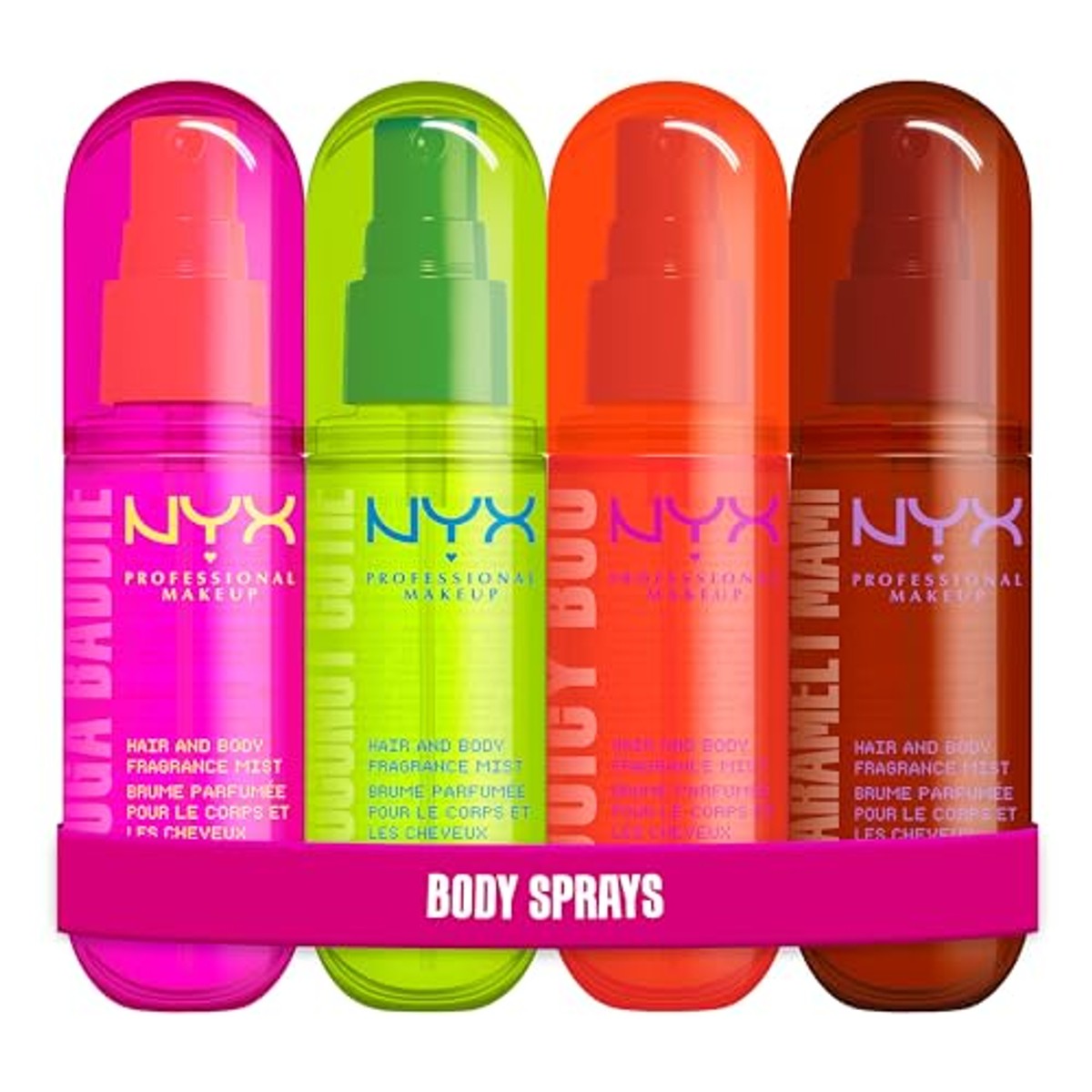 NYX Professional Makeup Set: Fat Oil Hair & Body Fragrance Mist Suga Baddie + Coconut Cutie + Juicy Boo + Caramel Mami, langdurige geuren, ideaal voor gelaagdheid, veganistisch – NYX PROFESSIONAL MAKEUP
