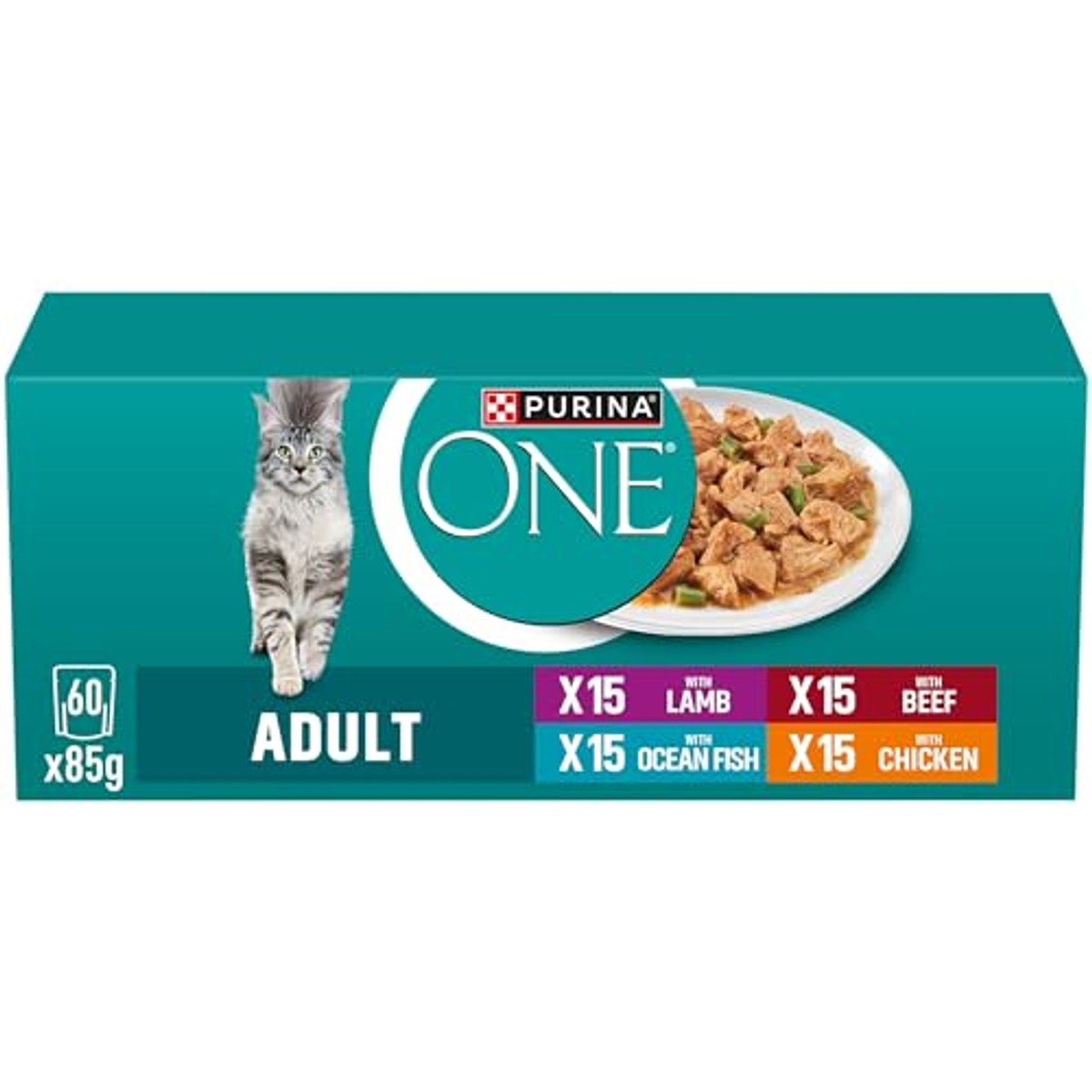 Purina One Adult rassenmix kattenvoer nat met kip, rundvlees, lam en hoogzeevis in saus, voor meer vitaliteit, verpakking van 60 stuks (60 x 85 g) – PURINA ONE