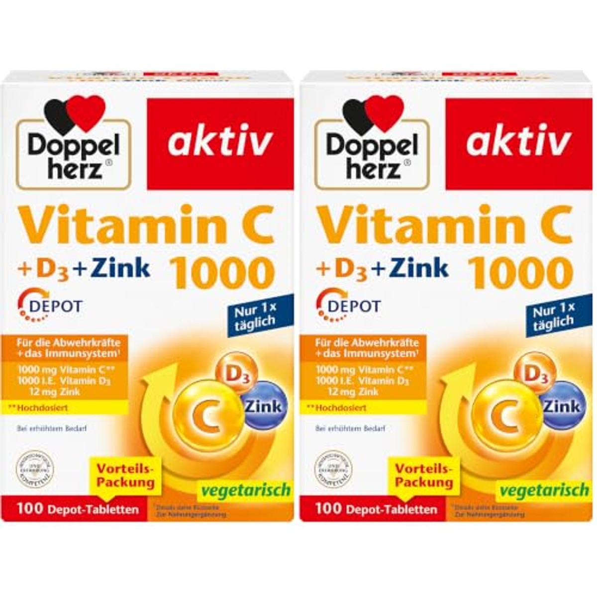 Doppelherz Vitamine C 1000 + D3 + zink - Hoge dosis vitamine C en vitamine D ter ondersteuning van het immuunsysteem en ter bescherming van de cellen - 100 DEPOT-tabletten (verpakking van 2) – Doppelherz