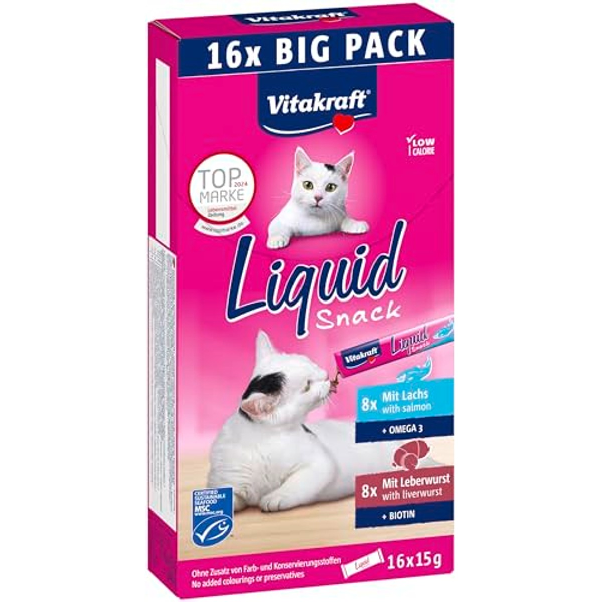 Vitakraft Vloeibare snack, kattenlekkernijen, kattensnack, romig, met leverworst en biotine, met zalm en omega 3, in afzonderlijke zakjes, 1 voorraadverpakking (16 x 15 g) – Vitakraft
