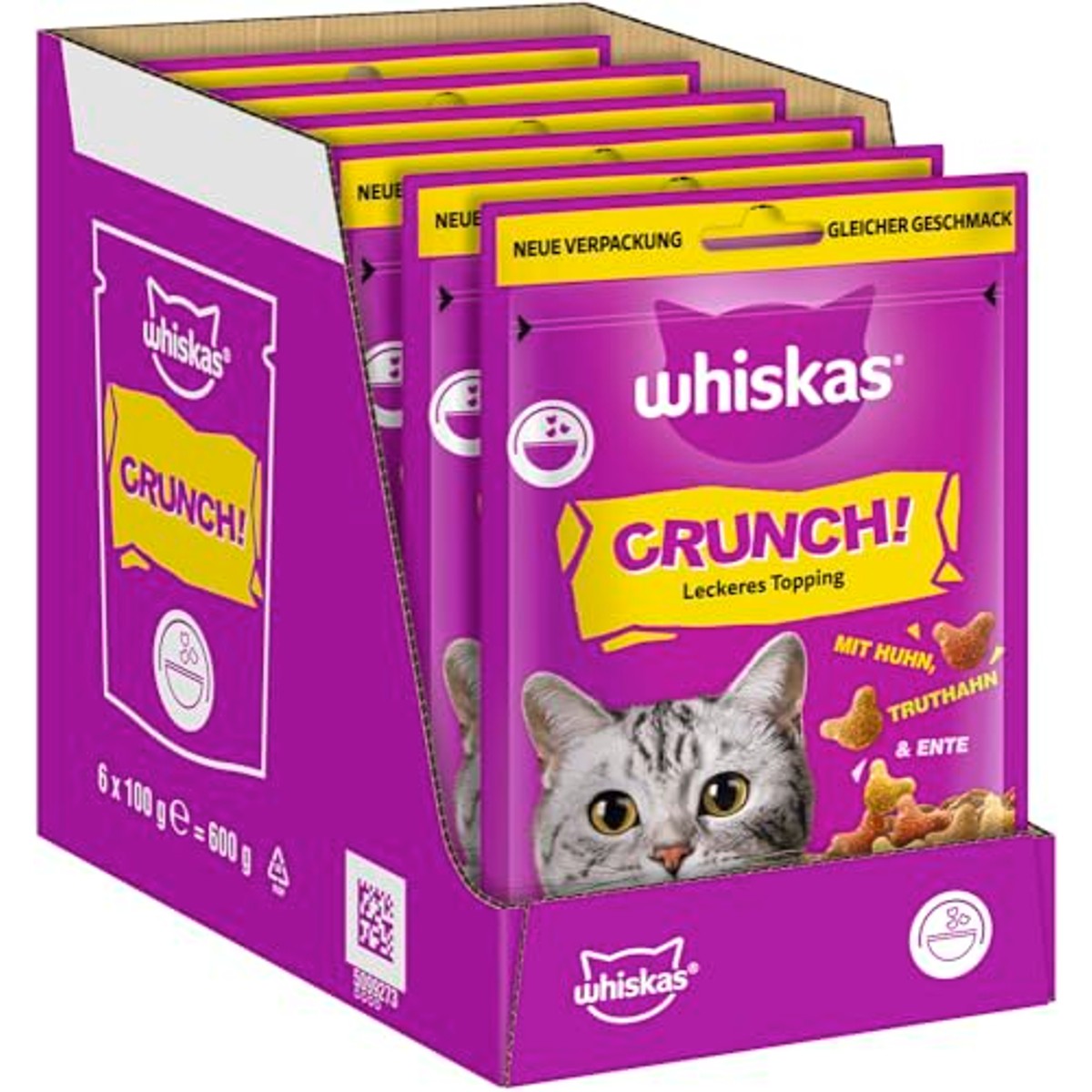 WHISKAS Crunch Kattensnacks, kip, kalkoen en eend, 6 x 100 g, lekkere snacks met kip, kalkoen en eend – whiskas
