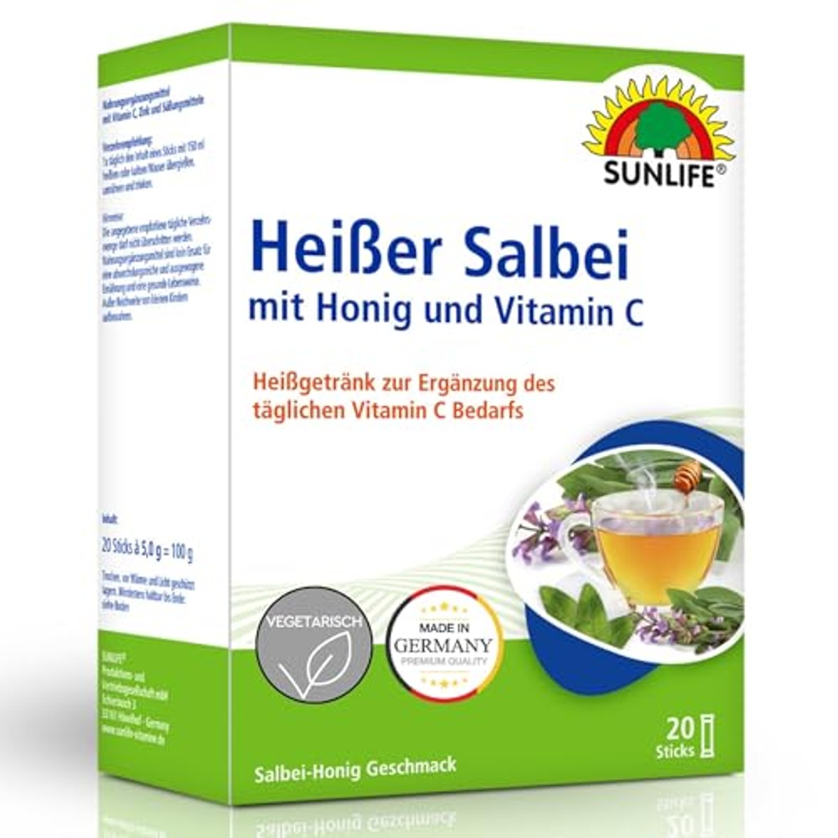 SUNLIFE Warme salie met honing en vitamine C, 1 x 20 poedersticks, saliehoning-drankpoeder, voedingssupplement ter ondersteuning van het immuunsysteem, warme drank met salie-extract – Sunlife