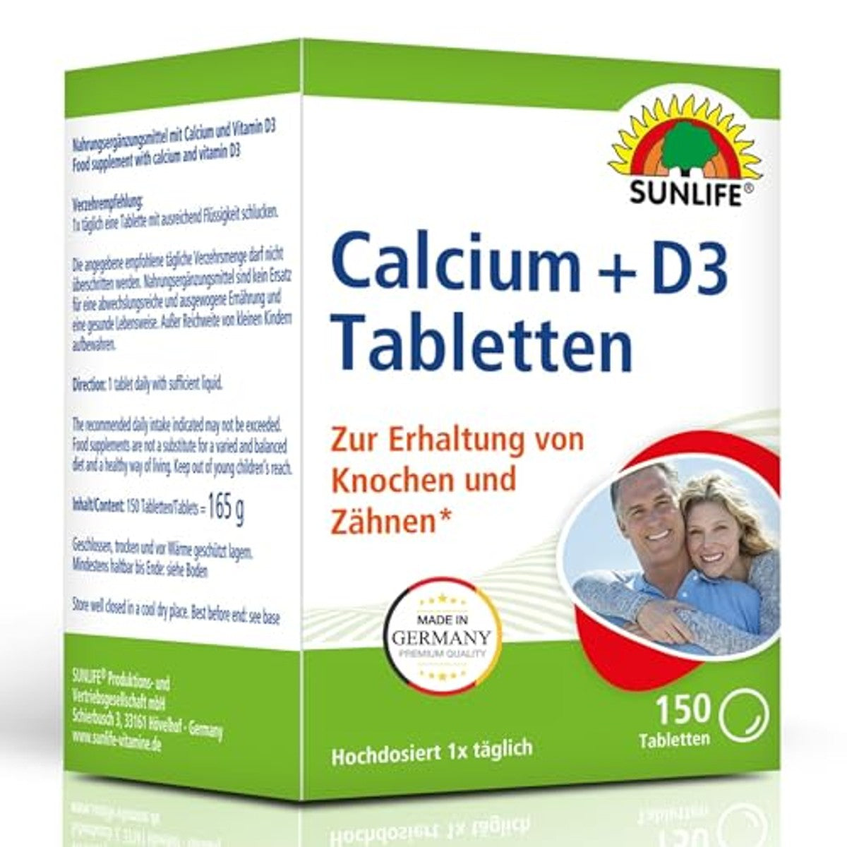 SUNLIFE Calcium + D3 tabletten, 1 x 150 stuks, D3 hoge dosis met 400 mg calcium + 5 µg vitamine D3, voor botten en tanden, dagelijkse verzorging met vitamine D3 en calcium – Sunlife