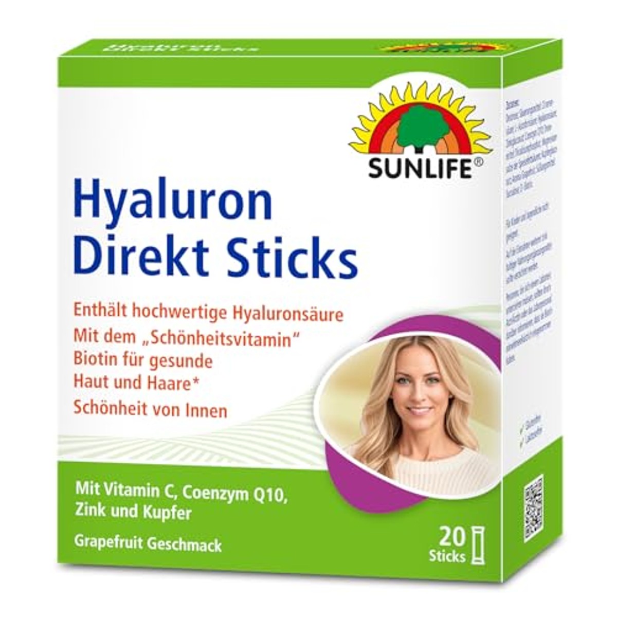 SUNLIFE Hyaluronsticks, 1 x 20 stuks, hooggedoseerd hyaluronzuur met coenzym Q10 biotine en vitamine C, voedingssupplement voor een gezonde huid, zink en koper ter ondersteuning van het bindweefsel – Sunlife