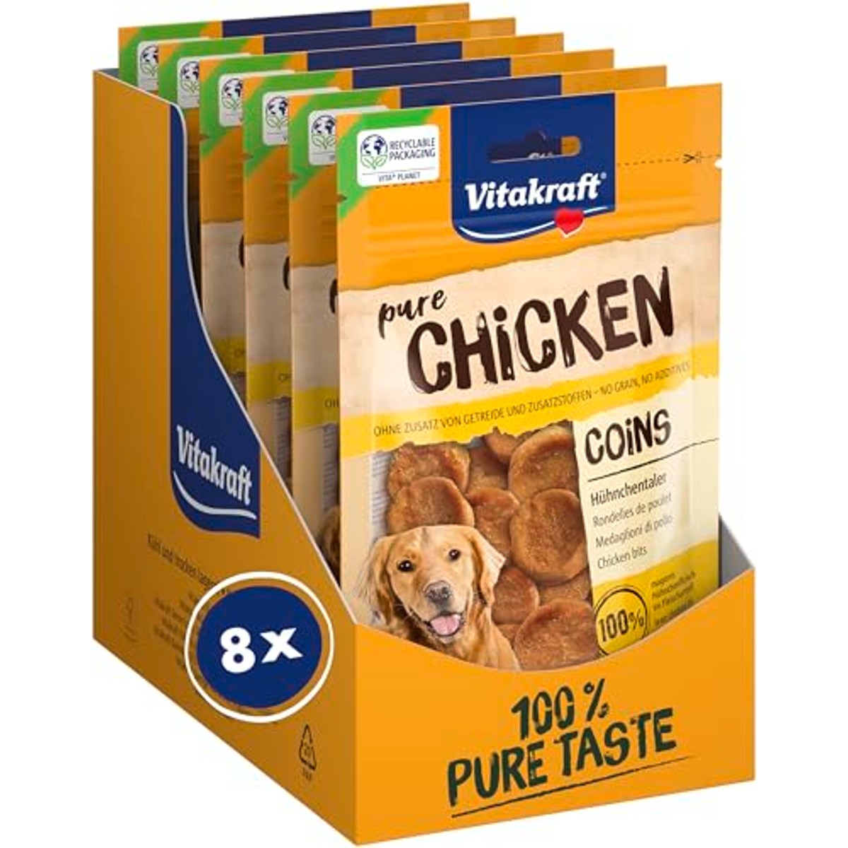 Vitakraft Pure Chicken Coins, hondenlekkernijen, kipsaler, hondentrainingslekkernijen, zonder toegevoegde suiker (8 x 80 g) – Vitakraft