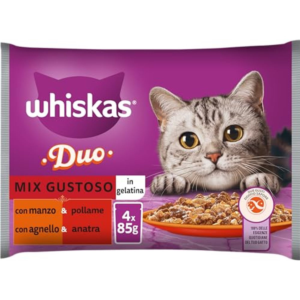 Whiskas Duo Mix Lekker, 1+ jaar, natvoer voor katten, 13 verpakkingen met elk 4 zakjes van elk 85 g (52 zakken in totaal) – whiskas