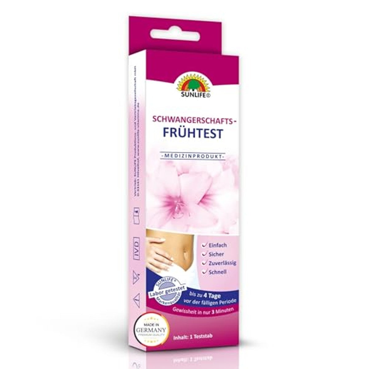 SUNLIFE Schwangerschaftsfrühtest - 1 Stück - hCG Urin Test mit hoher Zuverlässigkeit - Schwangerschaftstest ab 4 Tage vor der fälligen Periode - präziser Ultra Frühtest – Sunlife