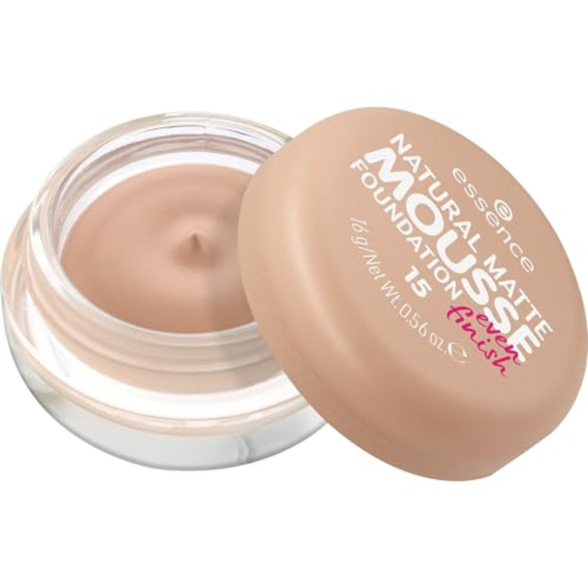 essence NATURAL MATTE MOUSSE FOUNDATION Nr. 15, nude, matterend, dekkend, expresresultaat, mat, veganistisch, zonder parfum, zonder alcohol, zonder conserveringsmiddelen, per stuk verpakt (16g) – Essence Cosmetics