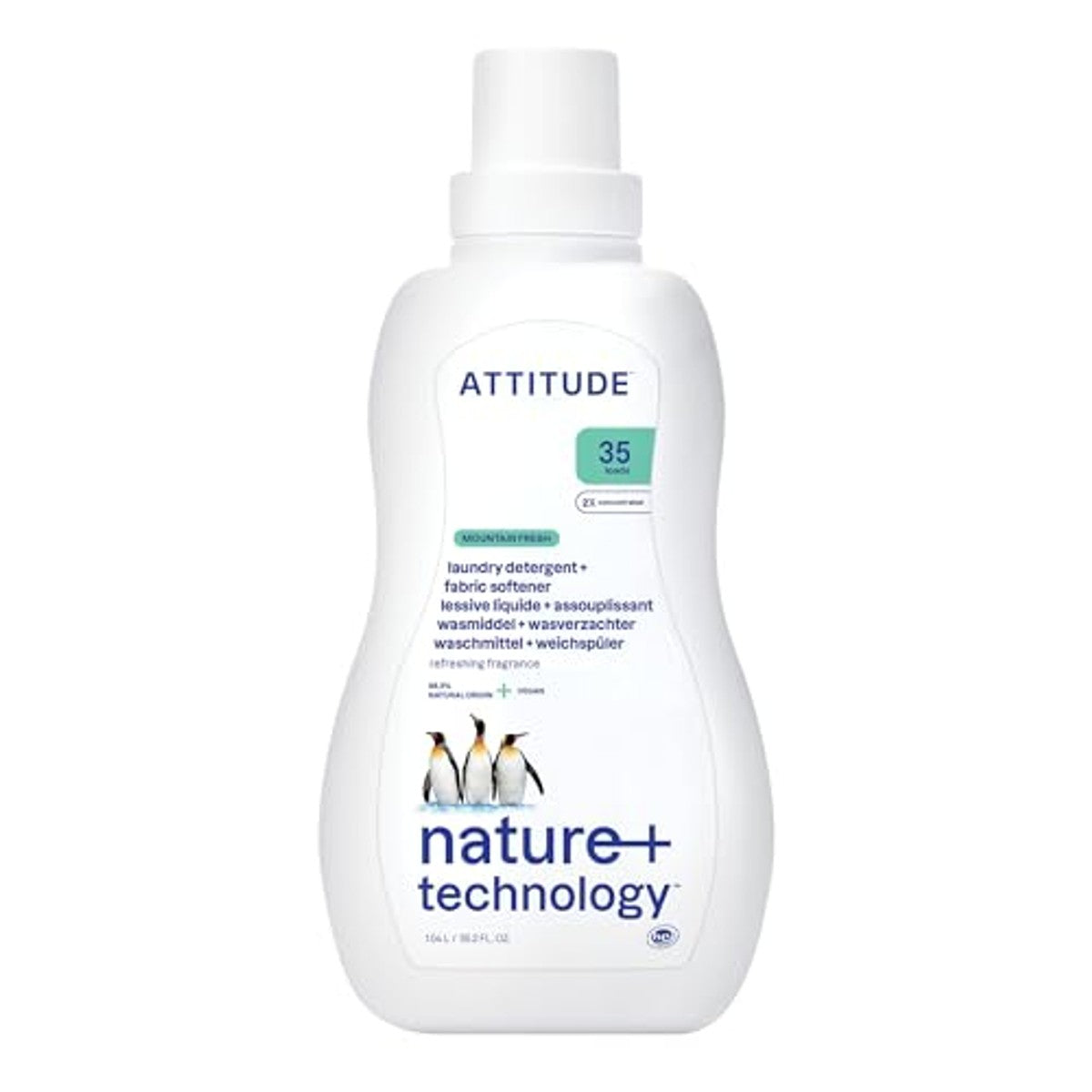 ATTITUDE 2-in-1 wasmiddel en wasverzachter, op plantaardige en minerale ingrediënten, HE-compatibel, veganistische huishoudelijke producten, Mountain Essentials, 35 ladingen, 1,05 liter – ATTITUDE