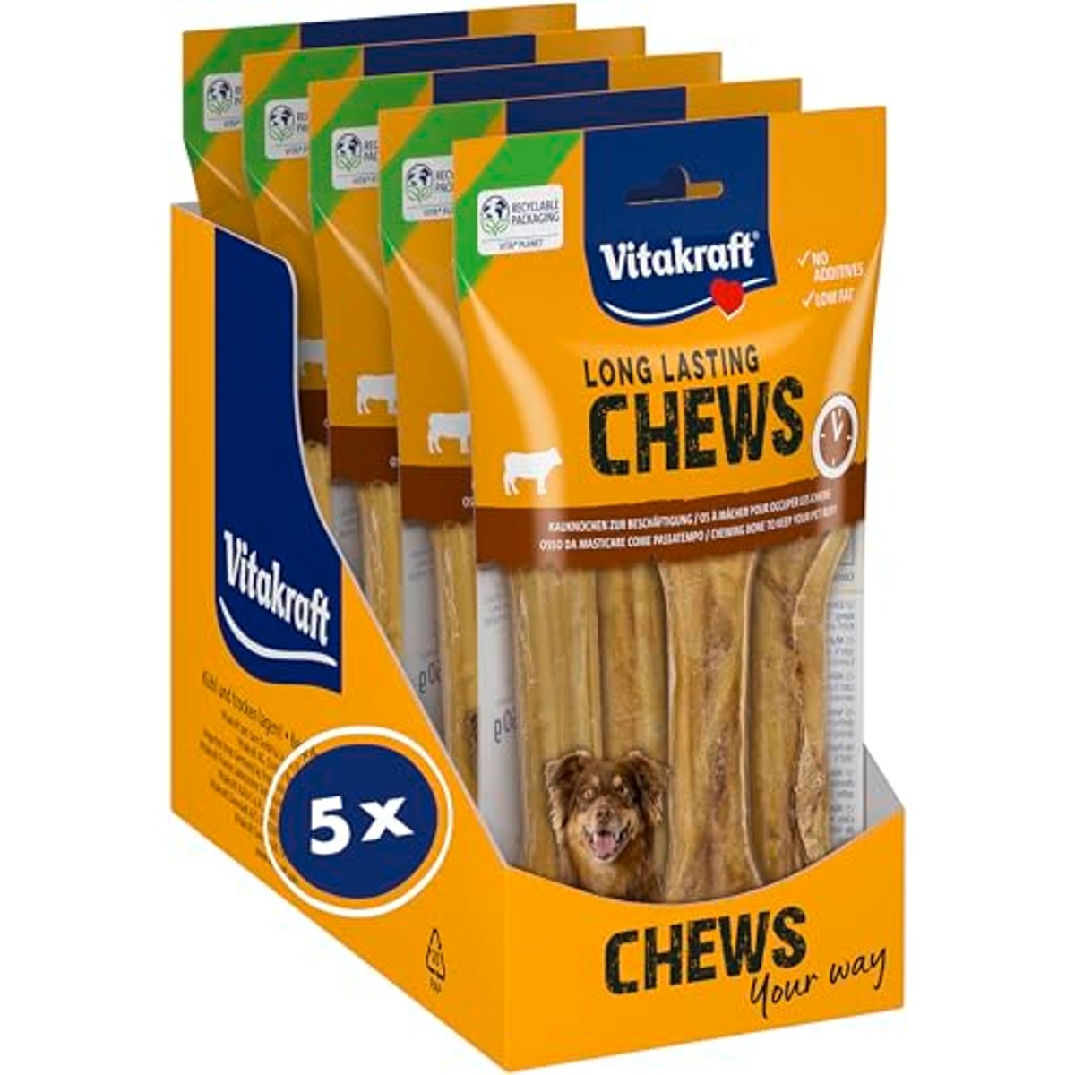 Vitakraft Long Lasting Chews, hondenkauwbotten, kauwknopen van runderhuid, voor intensieve bezigheid (5 x 360 g) – Vitakraft