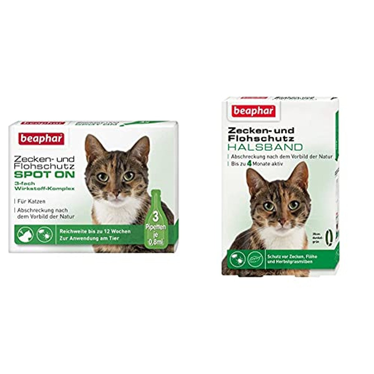 beaphar Teken- en vlooienbescherming Spot On voor katten, teken- en vlooienbescherming met margosa-extract, 3 x 0,8 ml & vlooienbescherming tegen teken en vlooien, groen, 35 cm – beaphar
