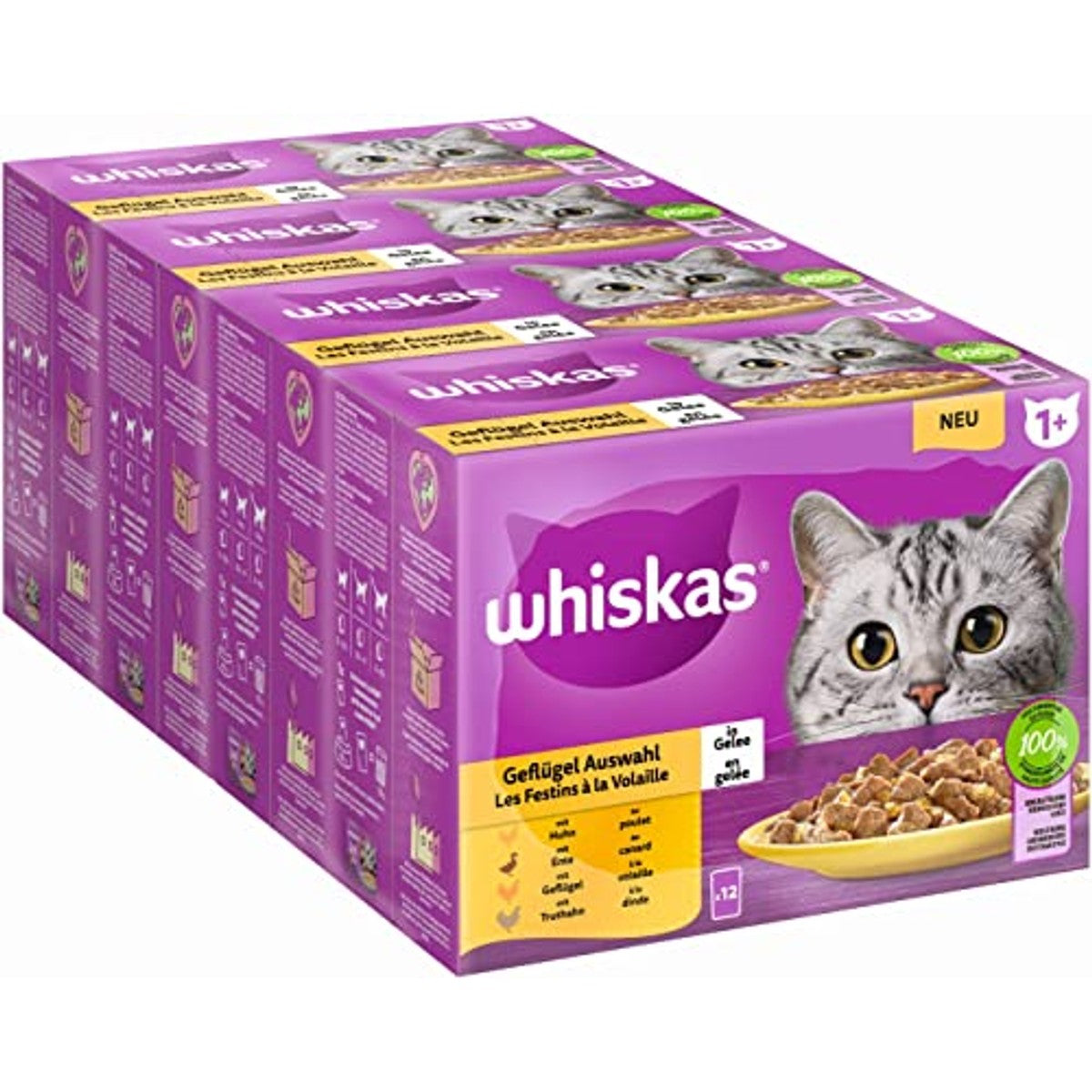 WHISKAS Natvoer in gelei voor katten 12 x 85 g gevogelte selectie (4 verpakkingen) 48 portiezakjes – whiskas
