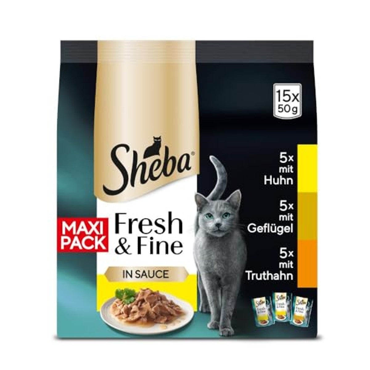 Sheba Fresh & Fine natvoer kattenvoer kip, gevogelte en kalkoen 5 x 15 x 50 g - 3-pack