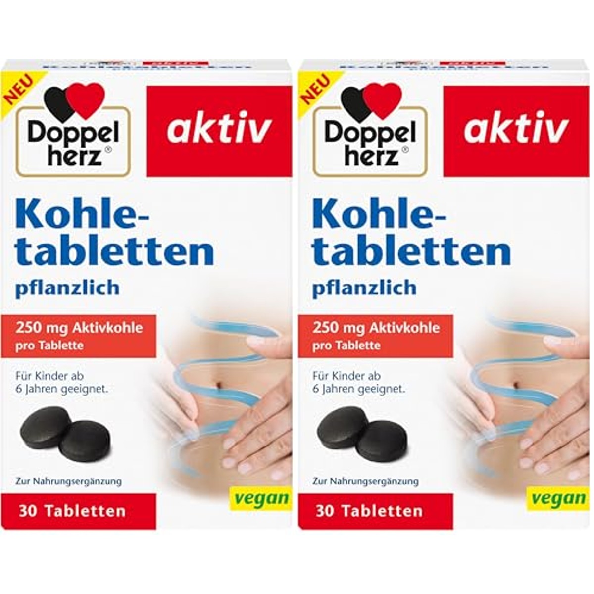 Doppelherz Plantaardige kooltabletten - Actieve kool draagt bij aan de vermindering van overmatige winderigheid na het eten - 30 tabletten (verpakking van 2) – Doppelherz