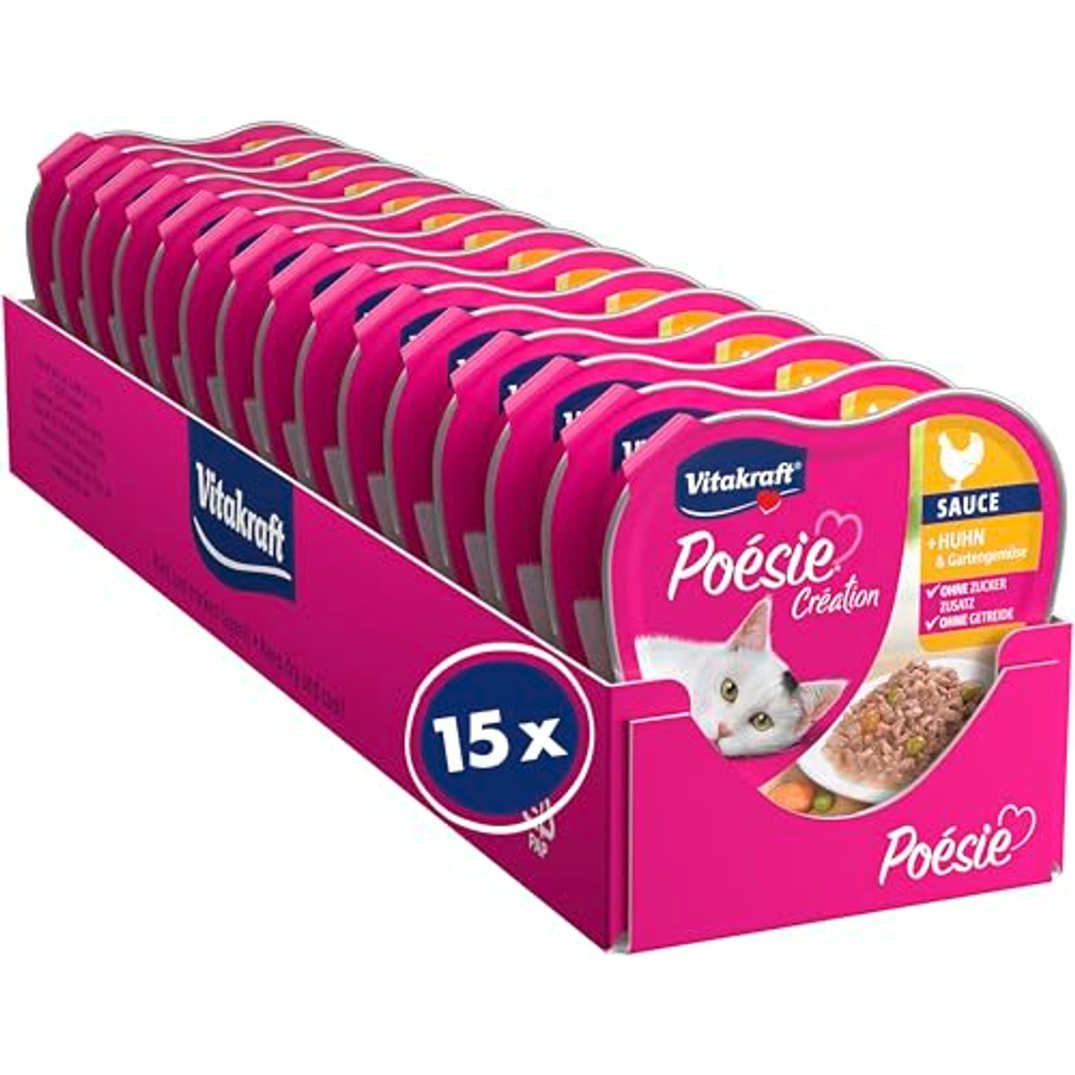 Vitakraft Poésie Création Natvoer voor katten, nat kattenvoer in saus, met kip en tuingroenten, voorraadverpakking, zonder toevoeging van suiker en granen (15 x 85 g) – Vitakraft
