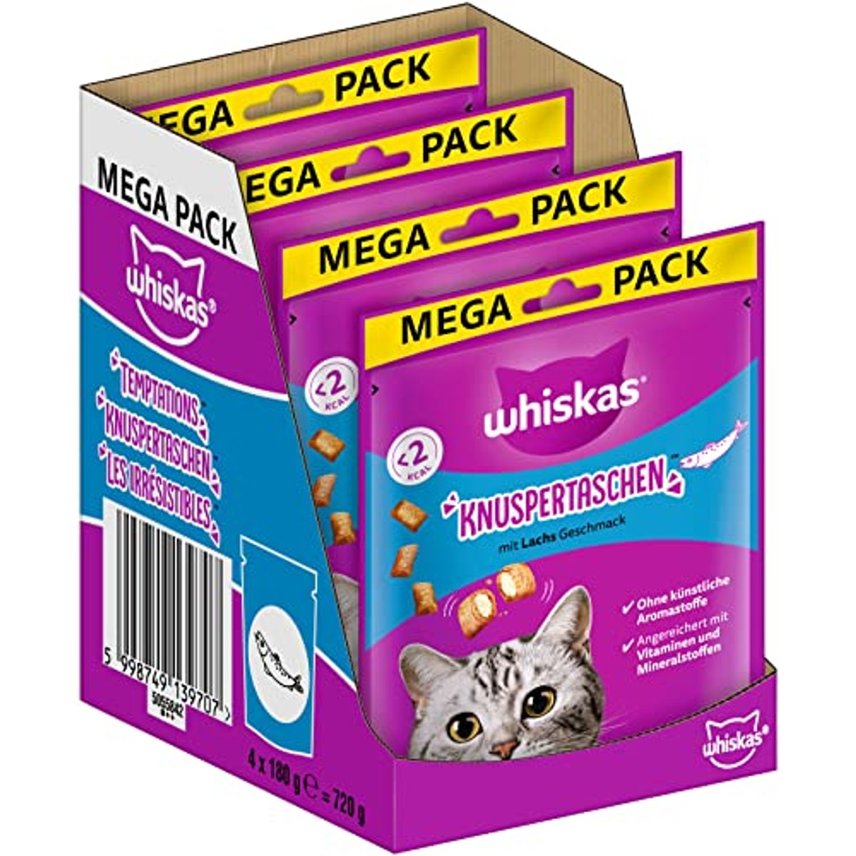 Whiskas Knusperbags kattensnacks met zalmsmaak, 4 x 180 g (4 verpakkingen) - verschillende productverpakkingen verkrijgbaar – whiskas