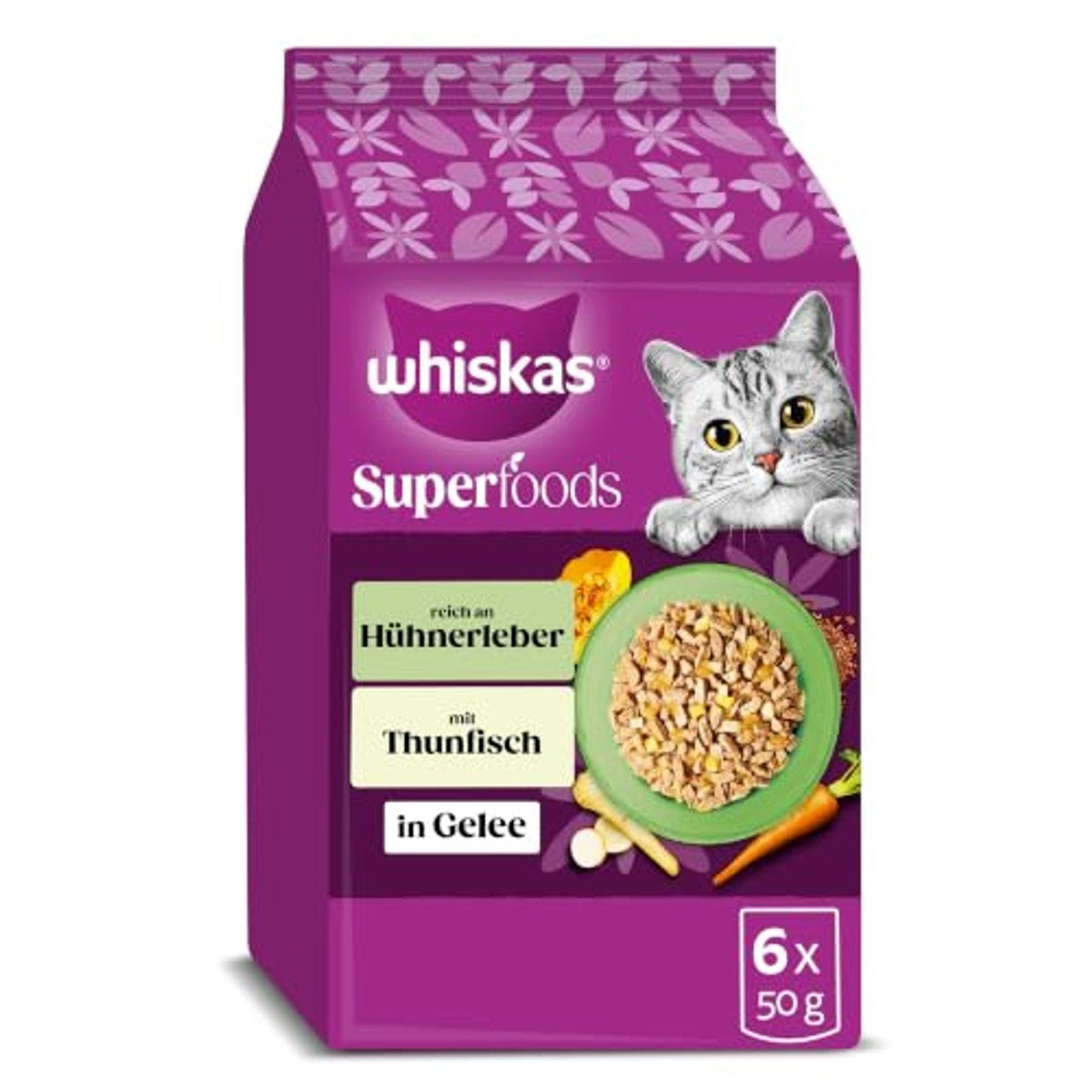 WHISKAS 1+ SUPERFOODS Fine Variety natvoer in gelei 6 x 6 x 50 g (verpakking met 36 zakjes) – whiskas
