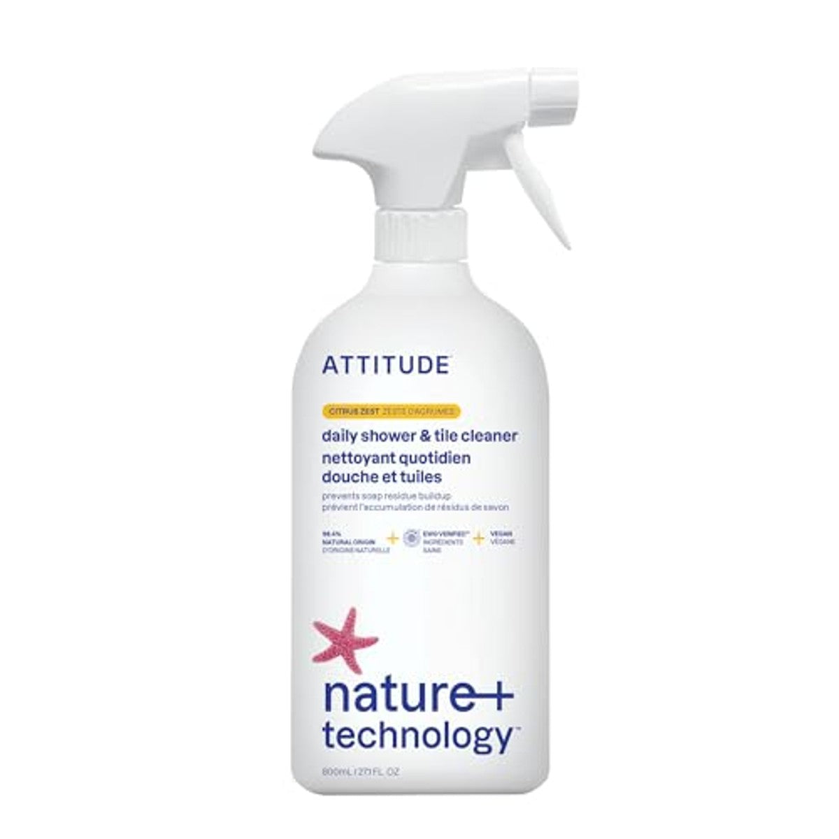 ATTITUDE Daily Shower and Tile Cleaner, EWG Verified, Plant- and Mineral-Based Ingredients, Vegan Household Cleaning Products, Citrus Zest, 800 mL – ATTITUDE