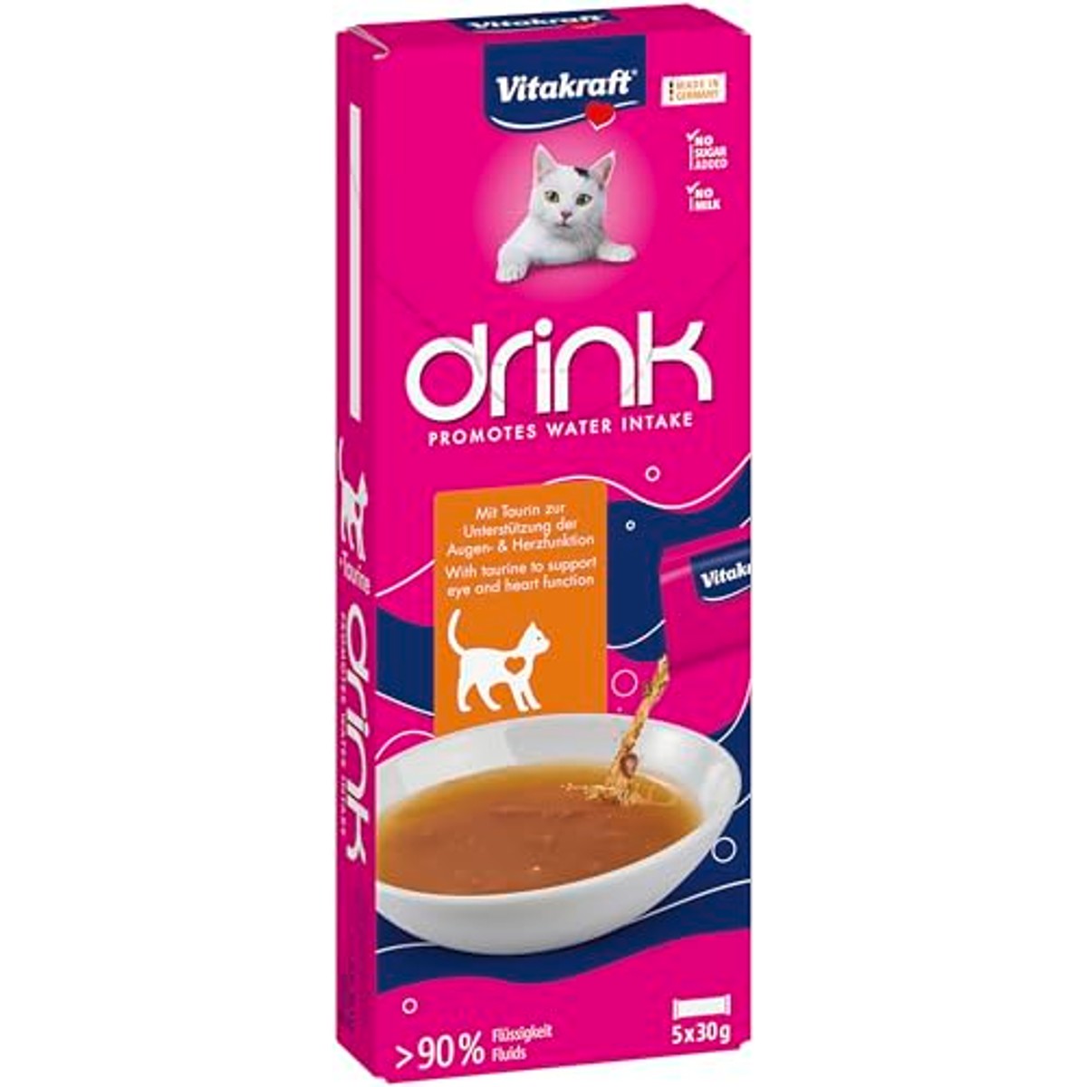 Vitakraft Drink, vloeibare kattenlekkernijen, kattensnack voor een evenwichtige vloeistofbalans, met kip, in afzonderlijke zakjes, zonder toegevoegde suiker (1 pakket van 5 x 30 g) – Vitakraft