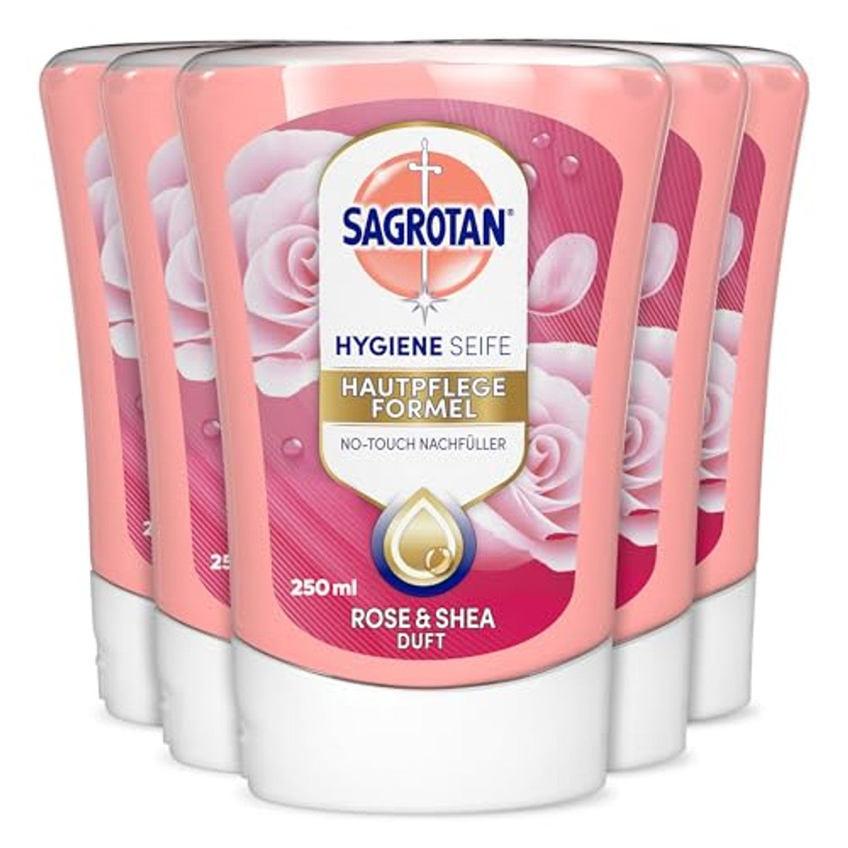 Sagrotan No-Touch navulling voor automatische zeepdispenser, 5 x 250 ml handzeep in een praktische voordeelverpakking Cashmere & Rose – Sagrotan