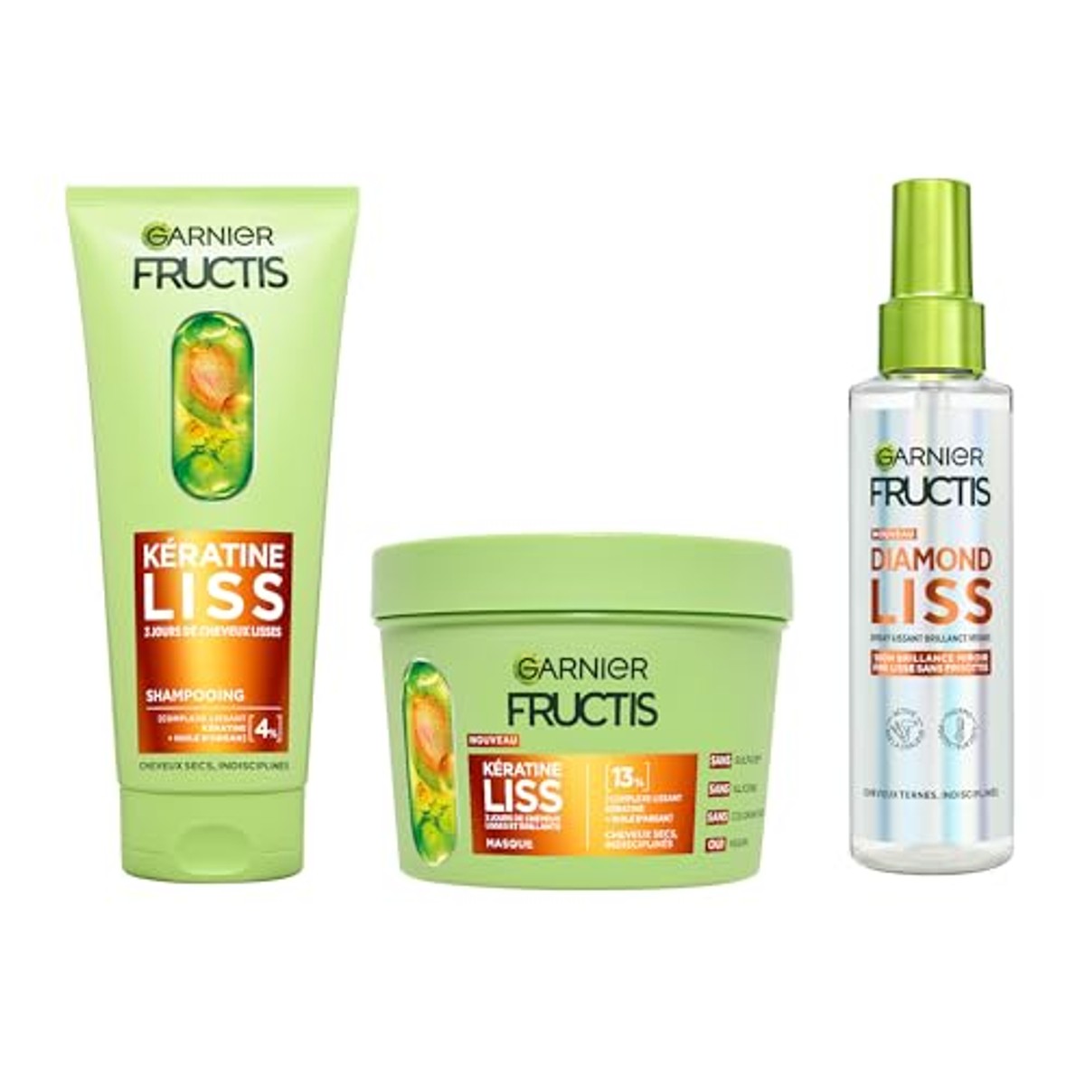 Garnier Fructis Keratin Liss Routine shampoo, masker & spray - 3-pack