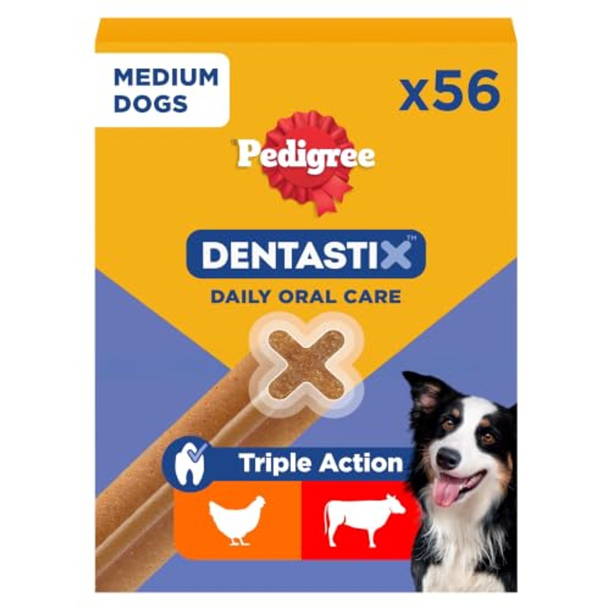Pedigree DentaStix Hondensnack voor middelgrote honden (10-25 kg), tandverzorgingssnack met kip en rundvlees, 1 verpakking van 56 stuks (1 x 1,44 kg) – Pedigree