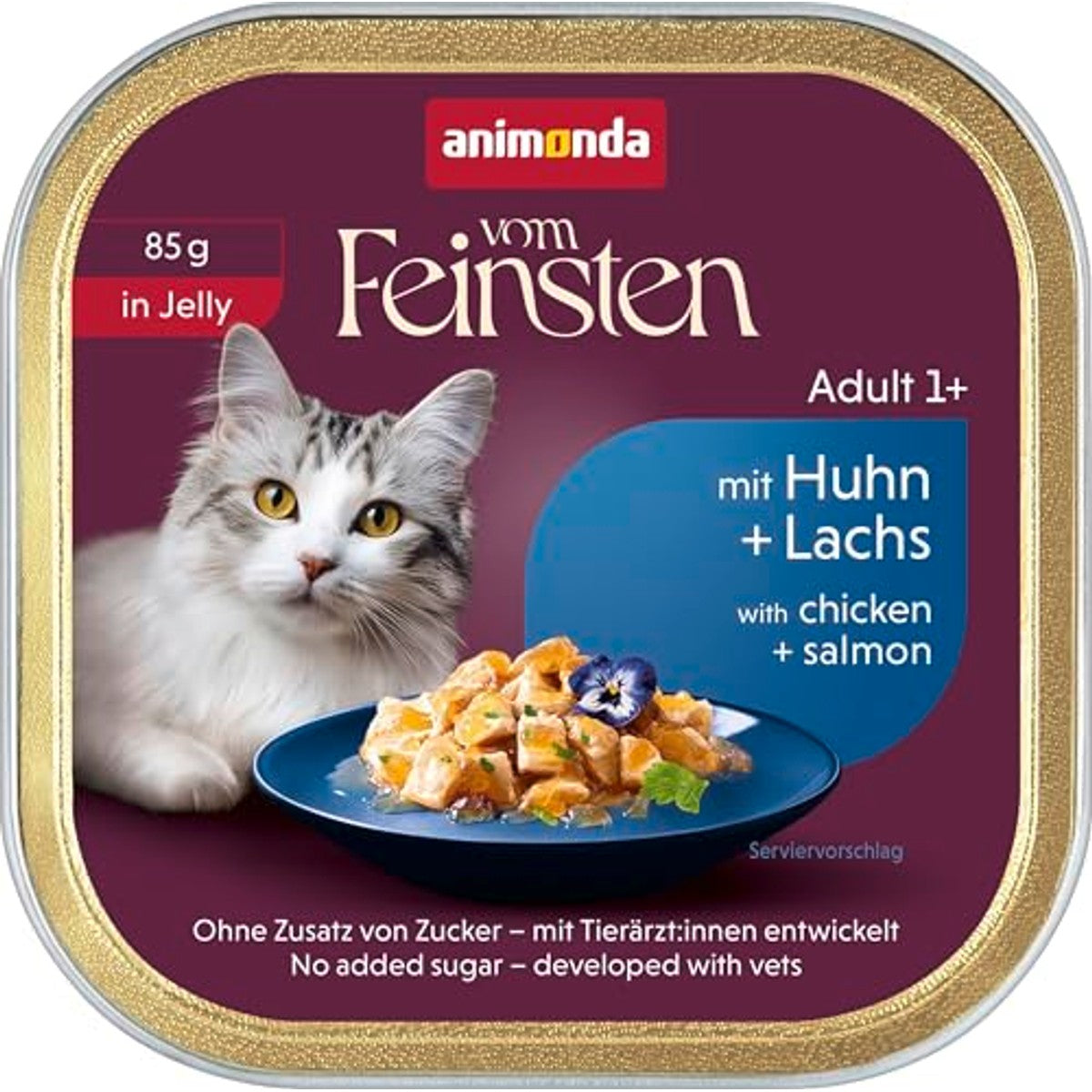 animonda vom Feinsten Volwassen kattenvoer kip + zalm in gelei (32 x 85 g) | Natvoer voor volwassen katten, kattenvoer nat in gelei zonder suiker, portieschaal van 85 g – animonda Vom Feinsten