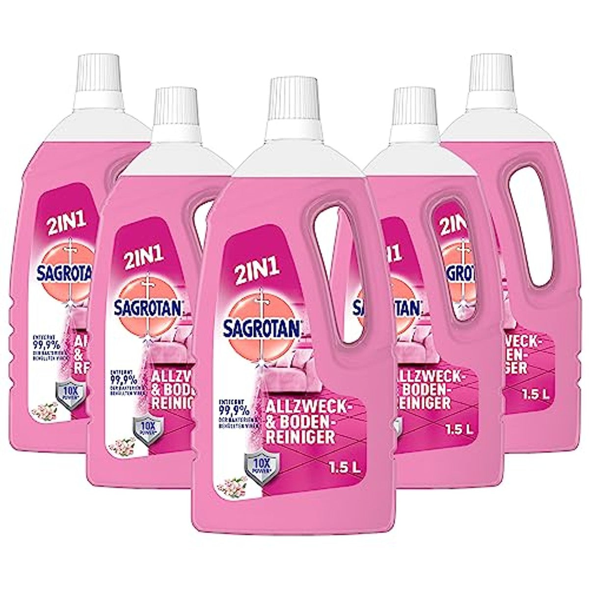 Sagrotan Multifunctionele reiniger bloemenfrisheid – 2-in-1 desinfectiemiddel voor betrouwbare reiniging van oppervlakken – 5 x 1,5 l reinigingsmiddel – Sagrotan
