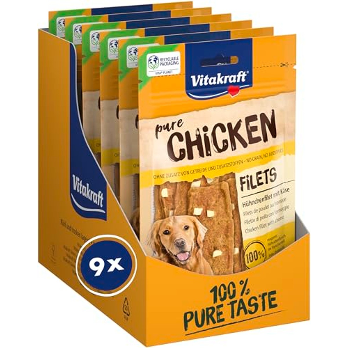 Vitakraft Pure Chicken Filets, hondenlekkernijen, kippenfilet met kaas, hondentraining, zonder toevoeging van suiker (9 x 80 g) – Vitakraft
