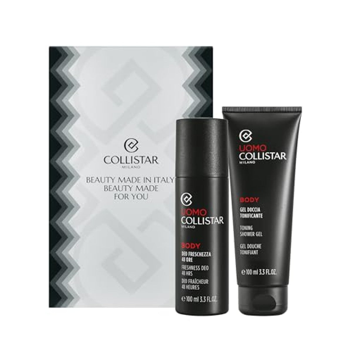 Collistar Geschenkset Heren Deo Freschezza 48H Spray 125 ml + Tonende Douchegel 100 ml, Langdurige Bescherming, Frisheid met Italiaanse Bergamot - 3-pack