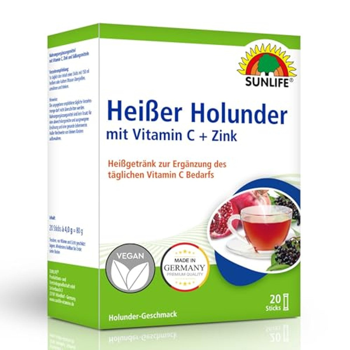SUNLIFE Hete vlierbes met vitamine C en zink - 1x20 sticks met granaatappelpoeder - warme drank ter ondersteuning van het immuunsysteem - per dagelijkse dosis 240 mg vitamine C en 2,5 mg zink – Sunlife