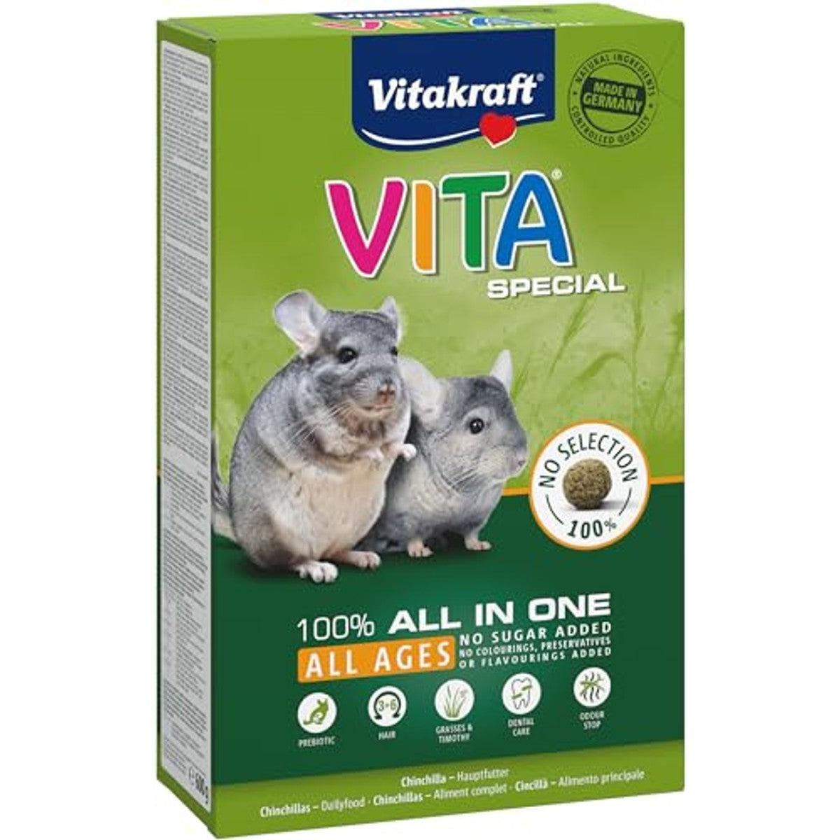 Vitakraft Vita Special All Ages, chinchilla voer, met grassen en kruiden, voor een optimale spijsvertering, zonder toevoeging van suiker en granen, 1 x 600 g – Vitakraft
