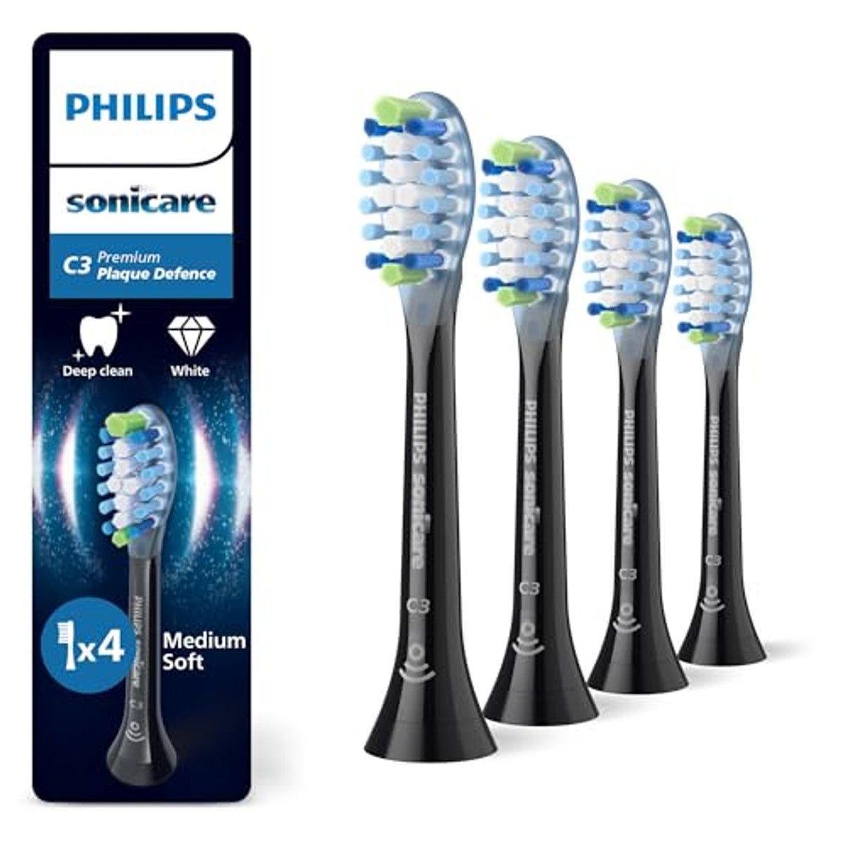 Philips Sonicare C3 Premium Plaque Defense, originele vervangende borstelkoppen, zwart, 4-pack, HX9044/88 – PHILIPS