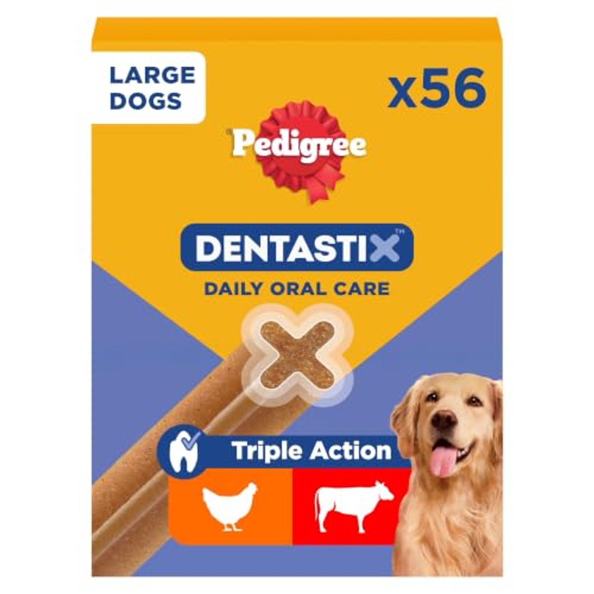 Pedigree DentaStix Hondensnack voor grote honden (25 kg+), tandverzorgingssnack met kip en rundvlees, 1 verpakking van 56 stuks (1 x 2,16 kg) – Pedigree