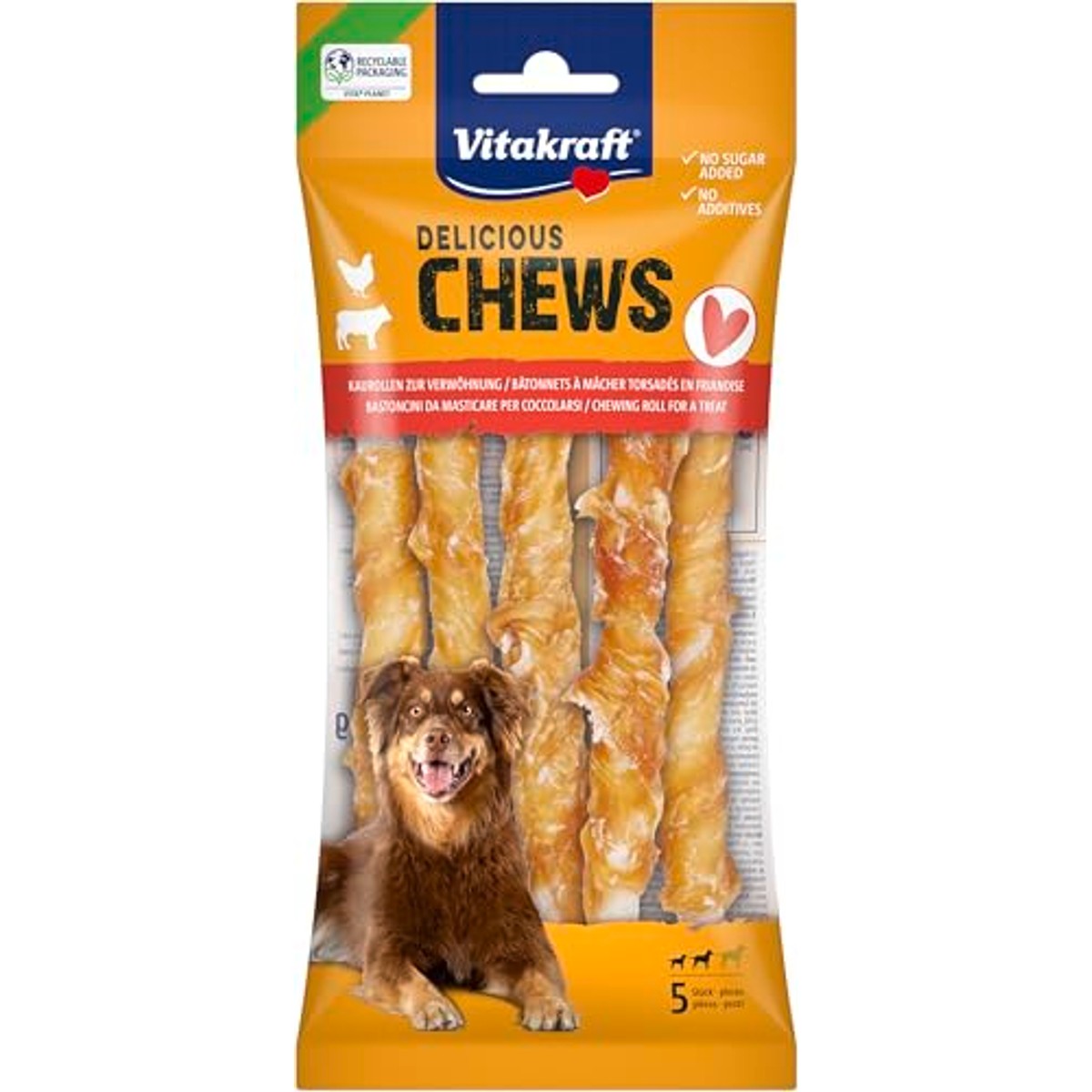 Vitakraft Chews Hondensnack Kauwrol met Kippenvlees voor Middelgrote Honden (1 x 5 stuks) - 6-pack