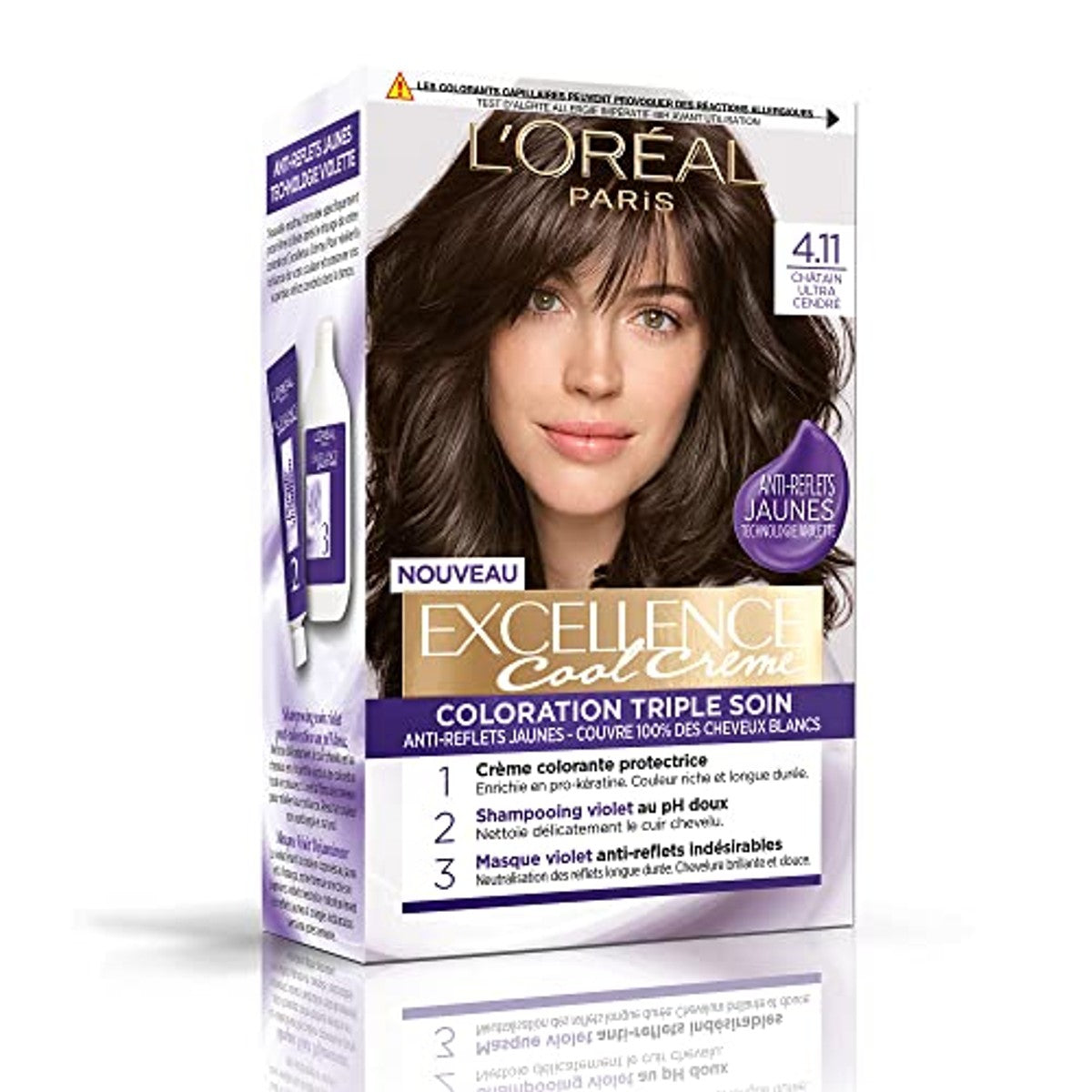L'ORÉAL PARIS - Permanente haarkleur, drievoudige verzorging, niet-verblindend, geel, dekt 100% wit haar af – Excellence Cool Cream – Nuance: Ultra asbruin (4.11) - 6-pack