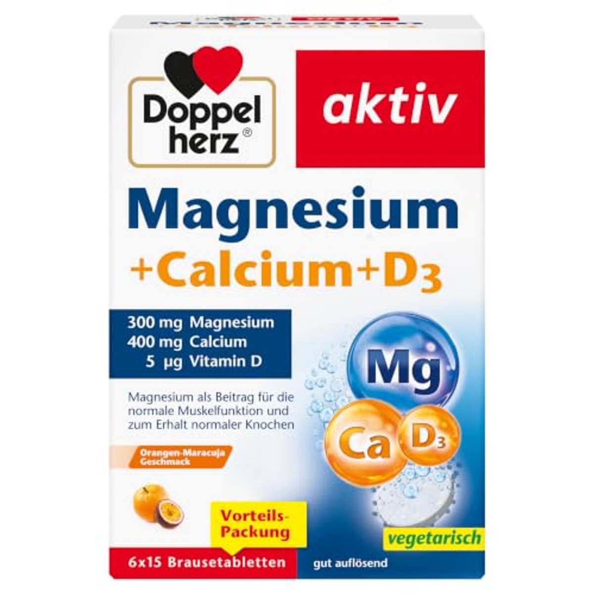Doppelherz Magnesium + Calcium + D3 Sinaasappel-Maracuja 6 x 15 Bruistabletten - 6-pack