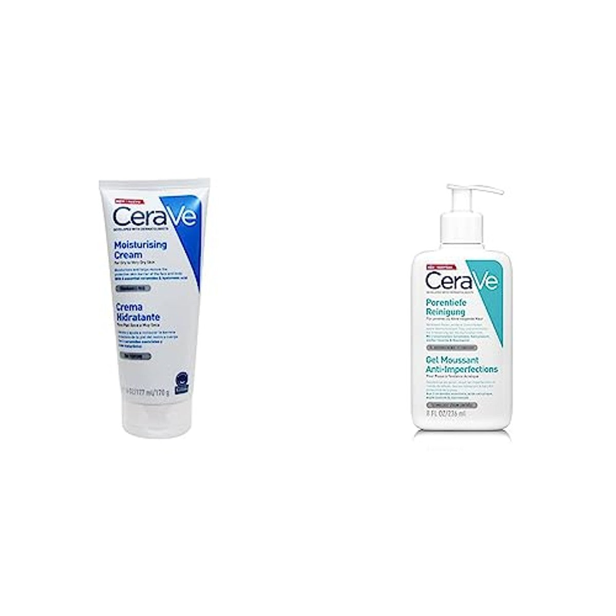 CeraVe Vochtinbrengende Crème 177 ml & Reinigingsgel tegen Puistjes 236 ml - 3-pack