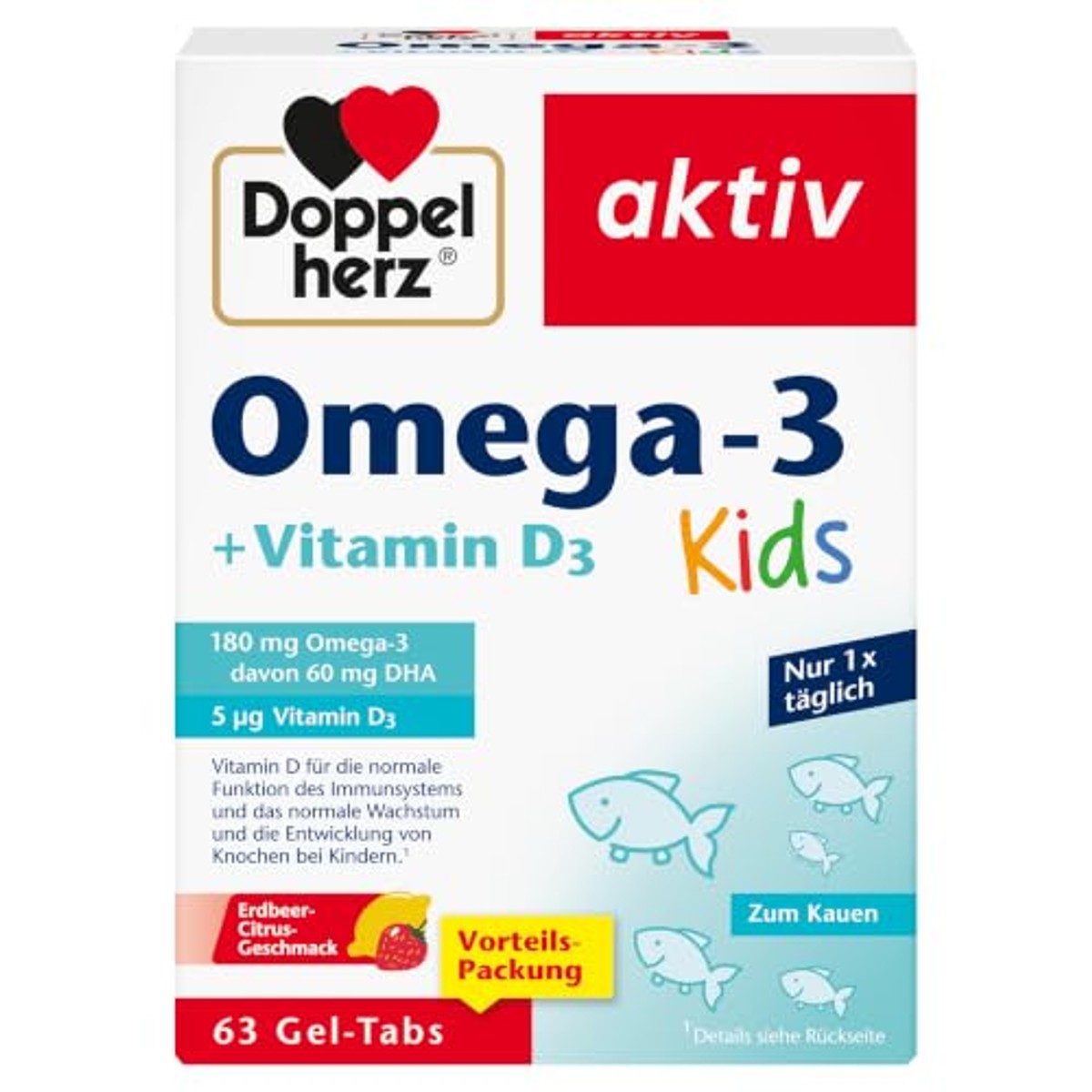 Doppelherz Omega-3 + Vitamine D3 Kids Aardbeien-Citrus 63 Gel-tabs - 3-pack