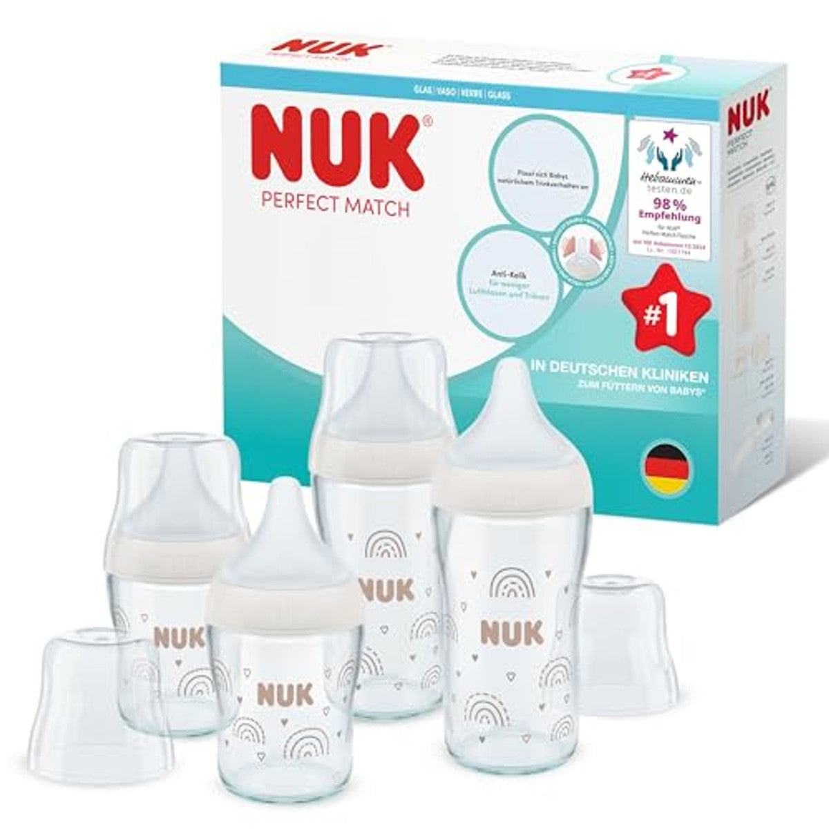 NUK Perfect Match glazen babyflessenset 120 ml & 230 ml 4 stuks – NUK