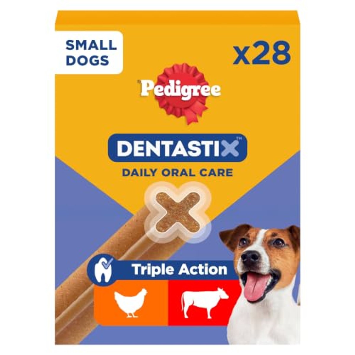 Pedigree DentaStix Hondensnack voor kleine honden (5-10 kg), tandverzorgingssnack met kip en rundvlees, 4 verpakkingen van elk 28 stuks (4 x 440 g) – Pedigree