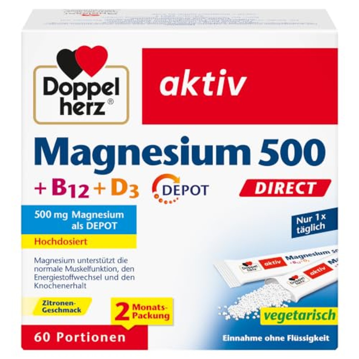 Doppelherz Magnesium 500 + B12 + D3 Direct met Depotfunctie 96 g - 3-pack